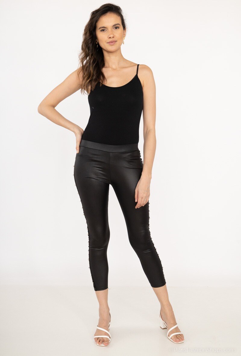 Grossiste Vera Fashion - Legging effet cuir avec des perles sur une bande en velours sur les côtés