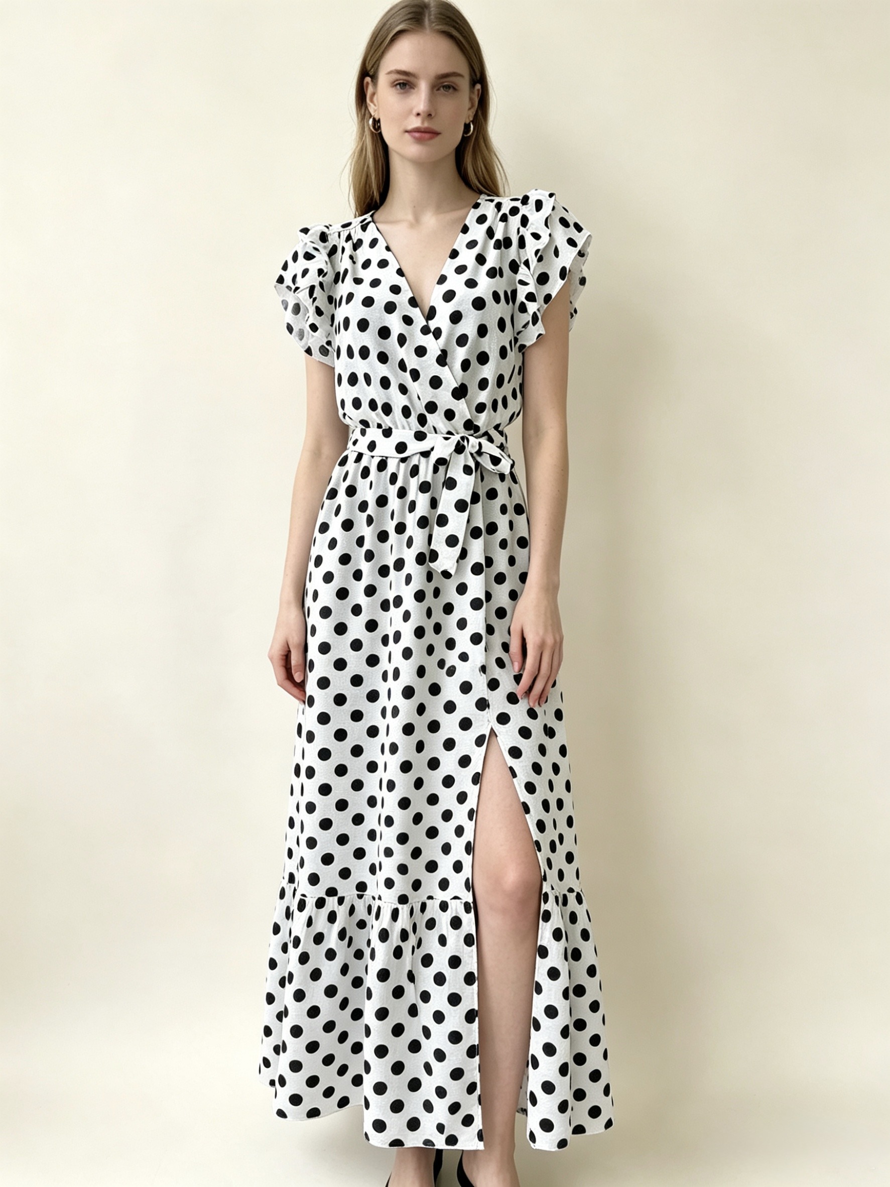 Mayorista Vera Fashion - Vestido largo de lunares con cuello en V y abertura lateral