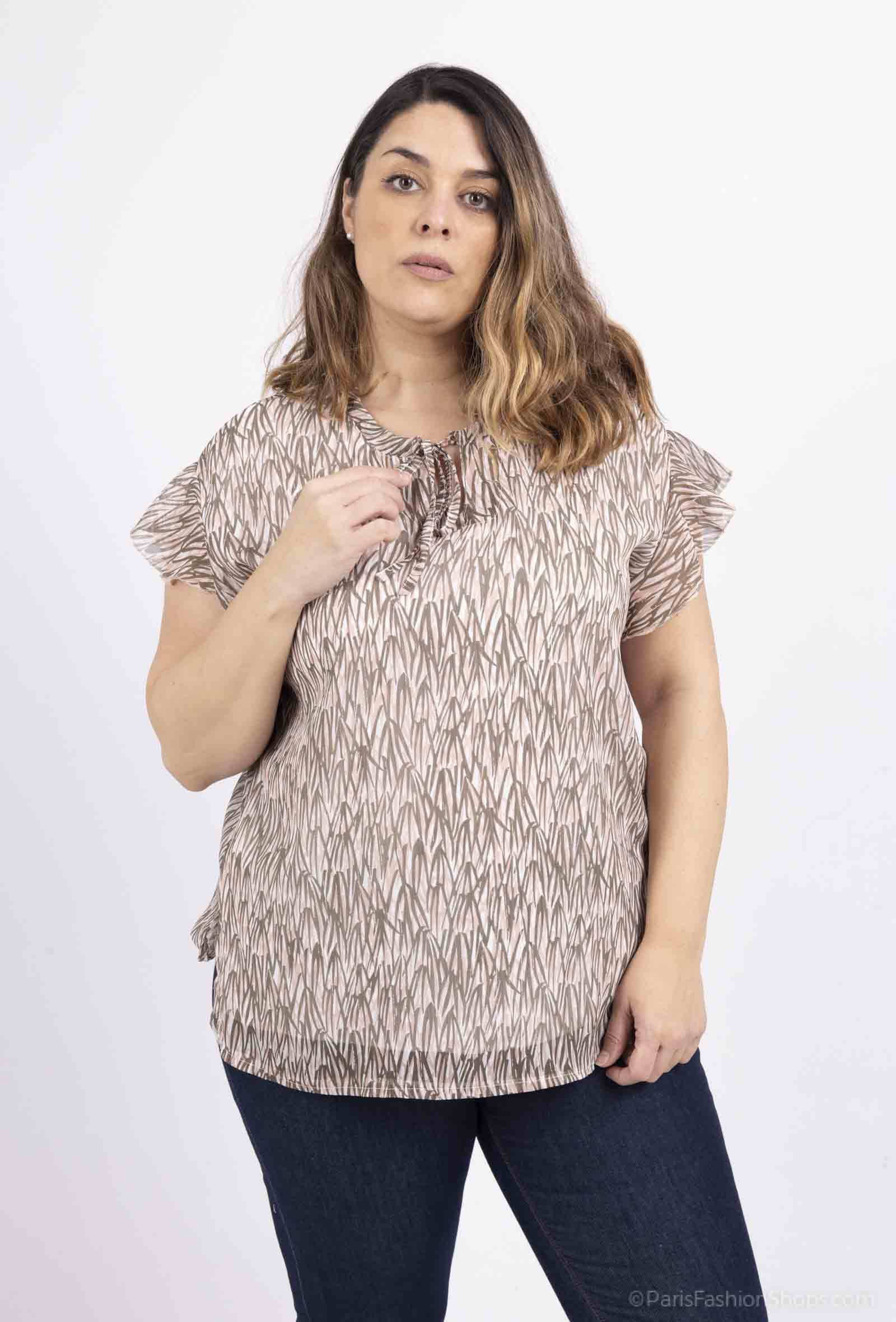 Wholesaler Veti Style - Voile print blouses with ruffle sleeves and lurex
