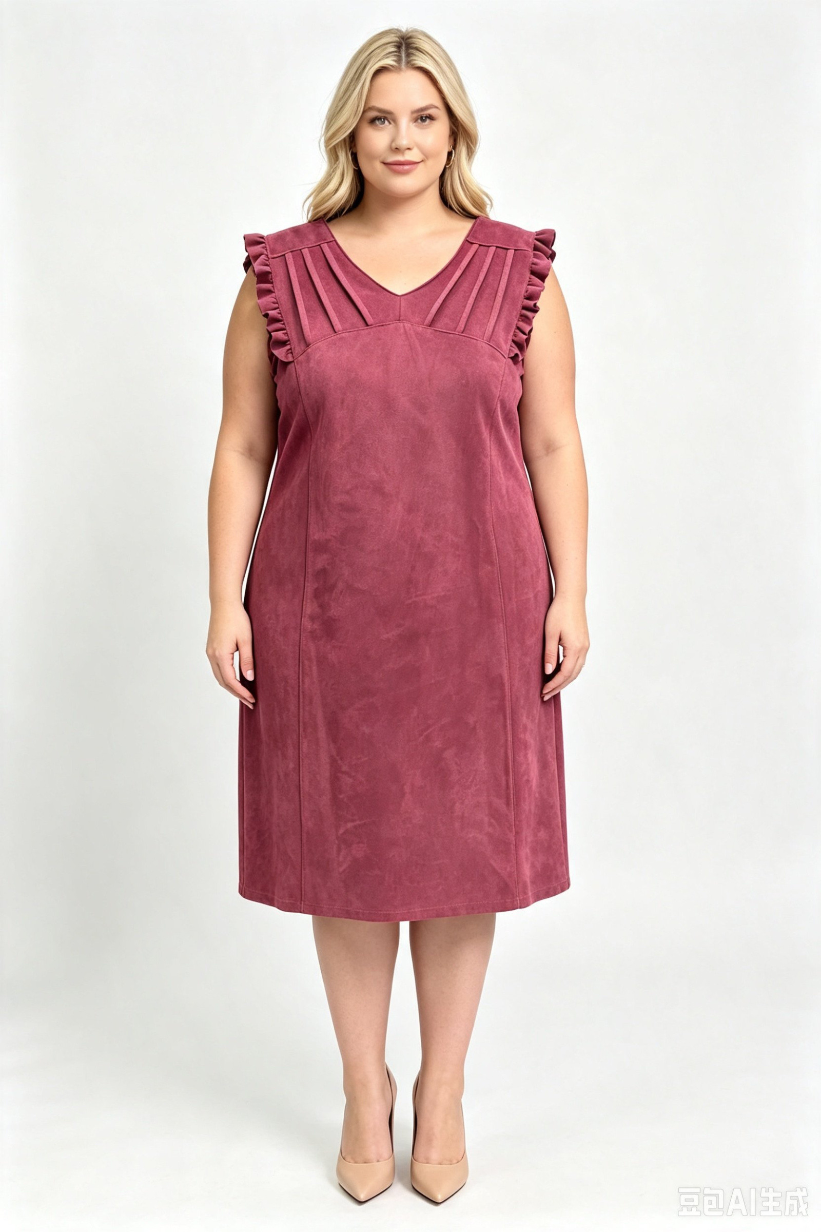 Wholesaler Veti Style - Sleeveless straight dress in suede with a V-neck and ruffles