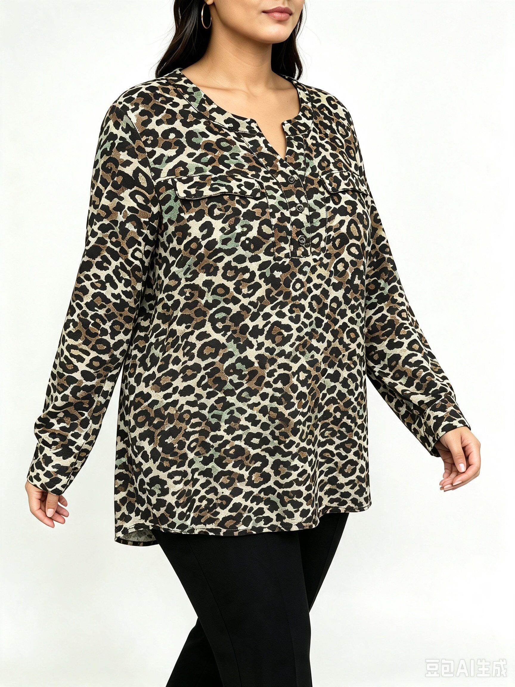 Wholesaler Veti Style - Leopard print long sleeve tunic with henley collar