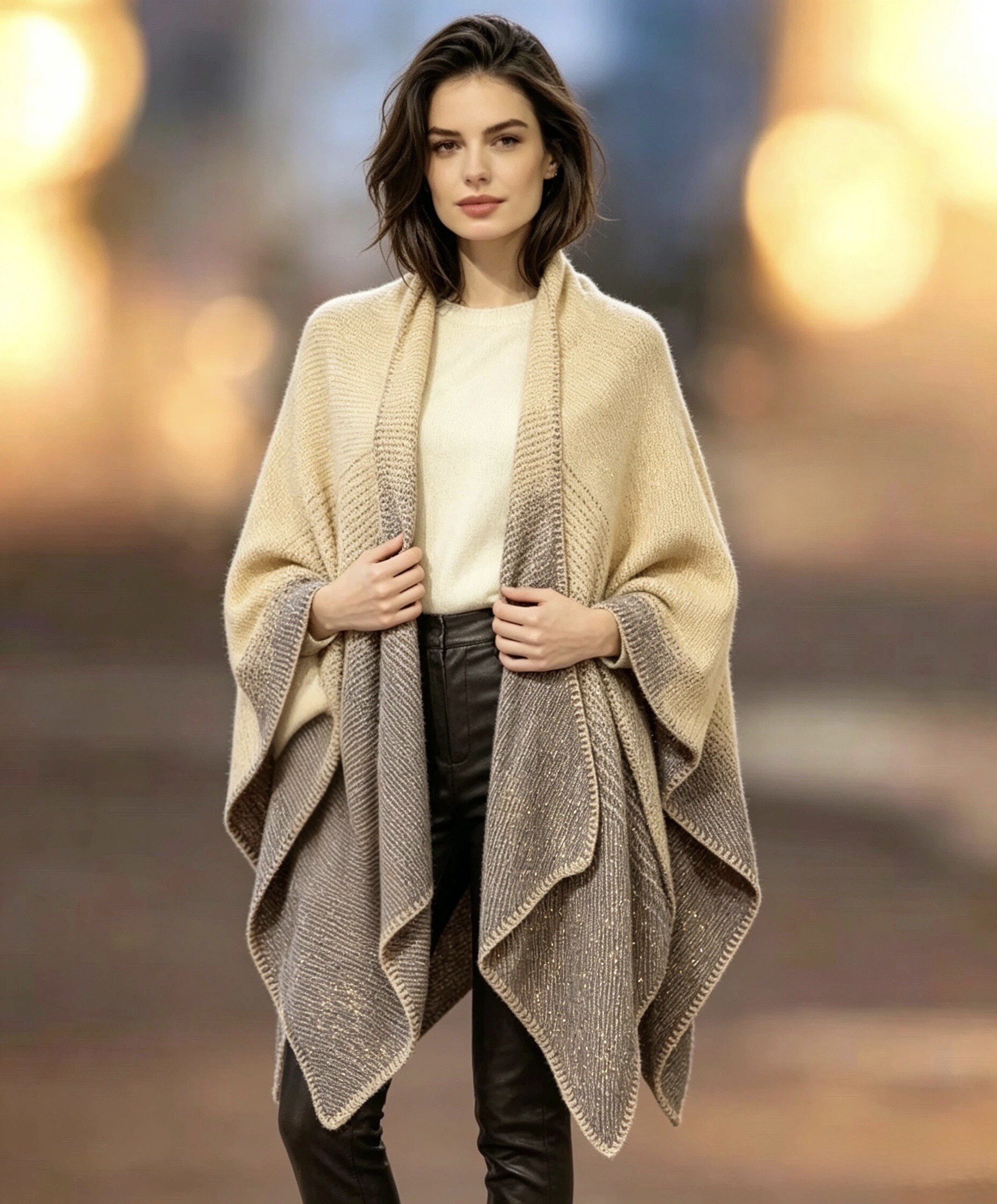 Grossiste Victoria EL - Women Knitted Cape Shawl with Subtle Metallic Thread, Oversized