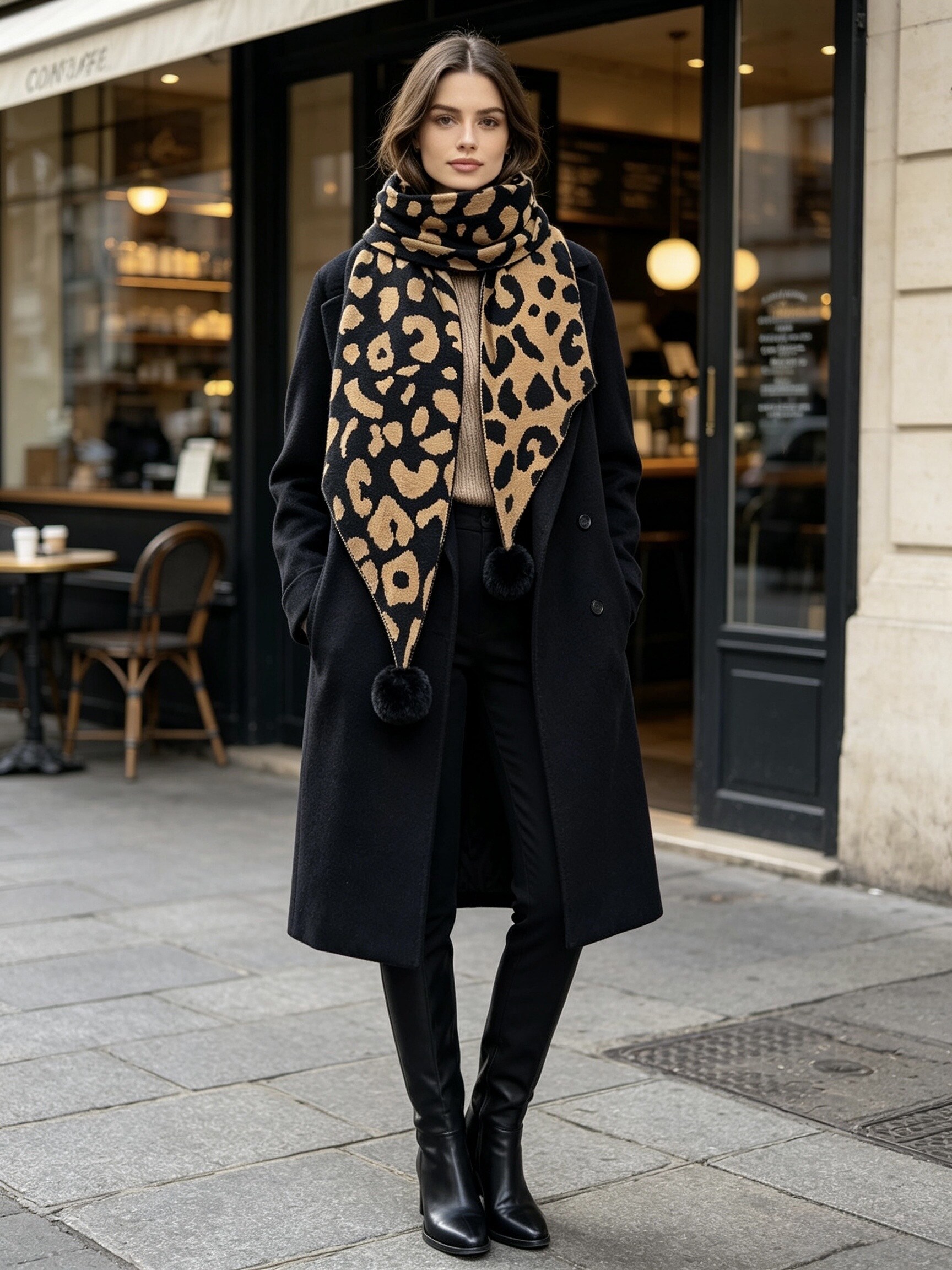 Wholesaler Victoria EL - Knitted Leopard Scarf with Faux Fur Pom‑poms