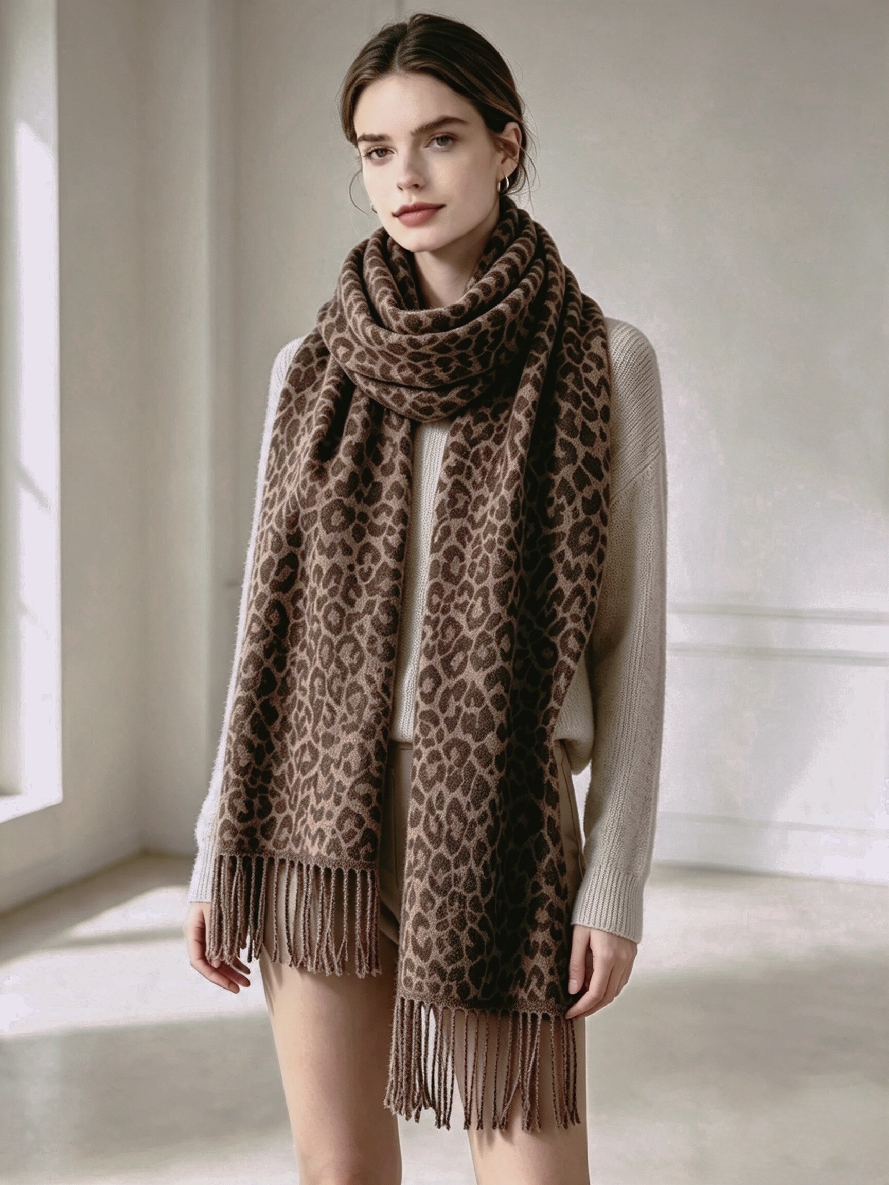 Grossiste Victoria EL - Écharpe d'automne hiver à motif léopard,  finition franges, accessoire tendance femme