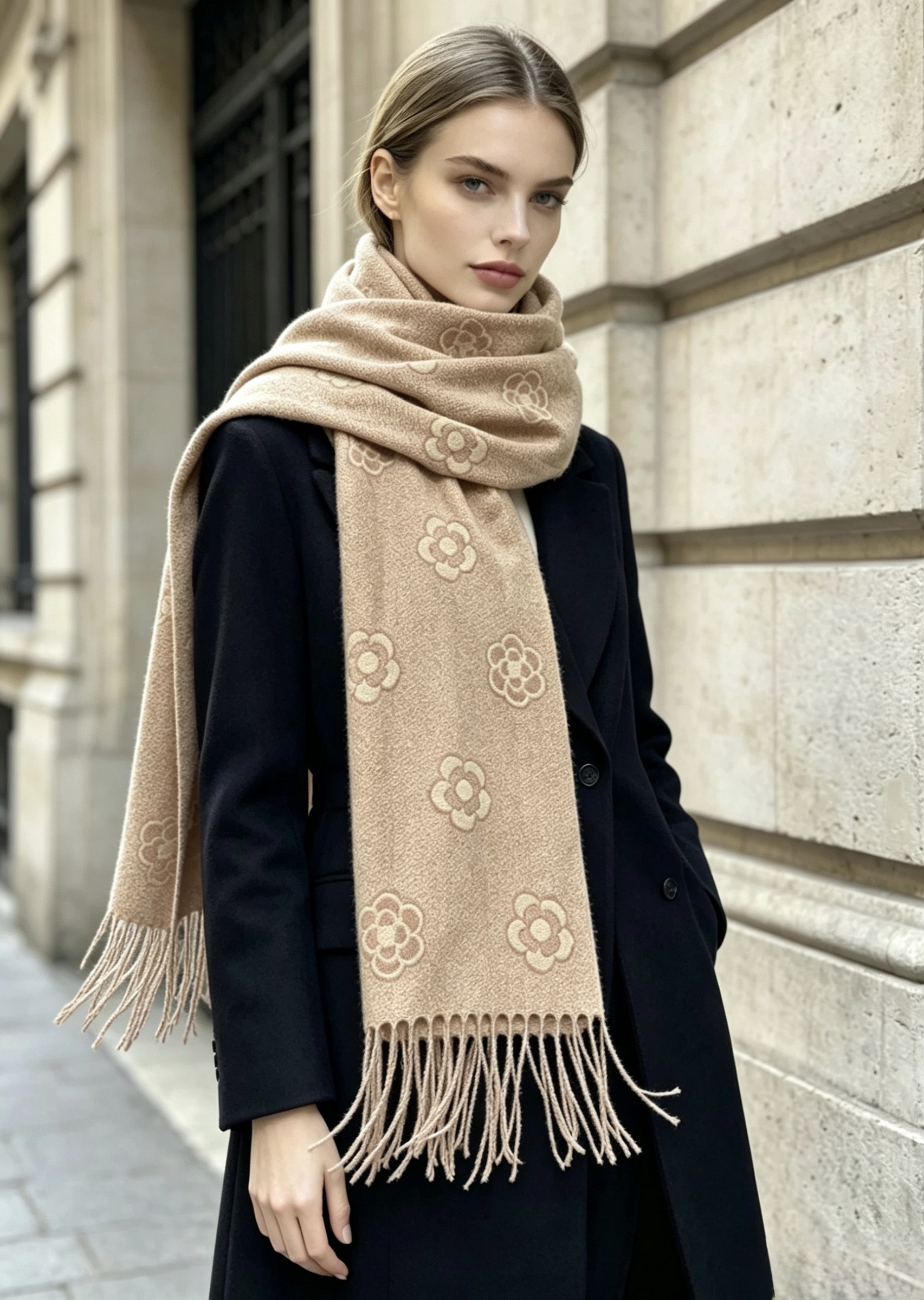 Mayorista Victoria EL - Bufanda de mujer jacquard camelia tacto cashmere