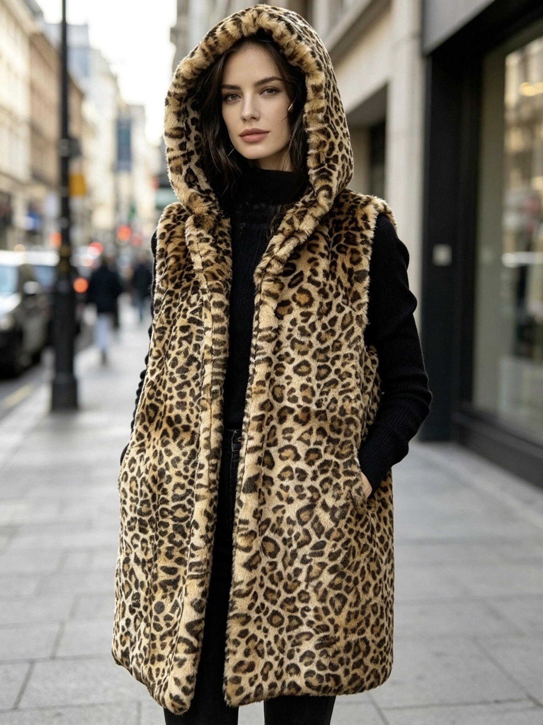 Mayorista Victoria EL - Chaleco sin mangas de piel sintética con capucha y estampado de leopardo para mujer, chaleco de invierno cálido con bolsillos laterales