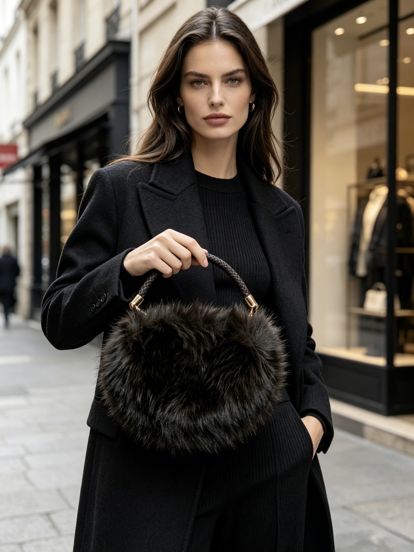 Grossista Victoria EL - Borsa a mano in pelliccia sintetica di lusso per donne, elegante borsa con manico superiore soffice con tracolla a catena