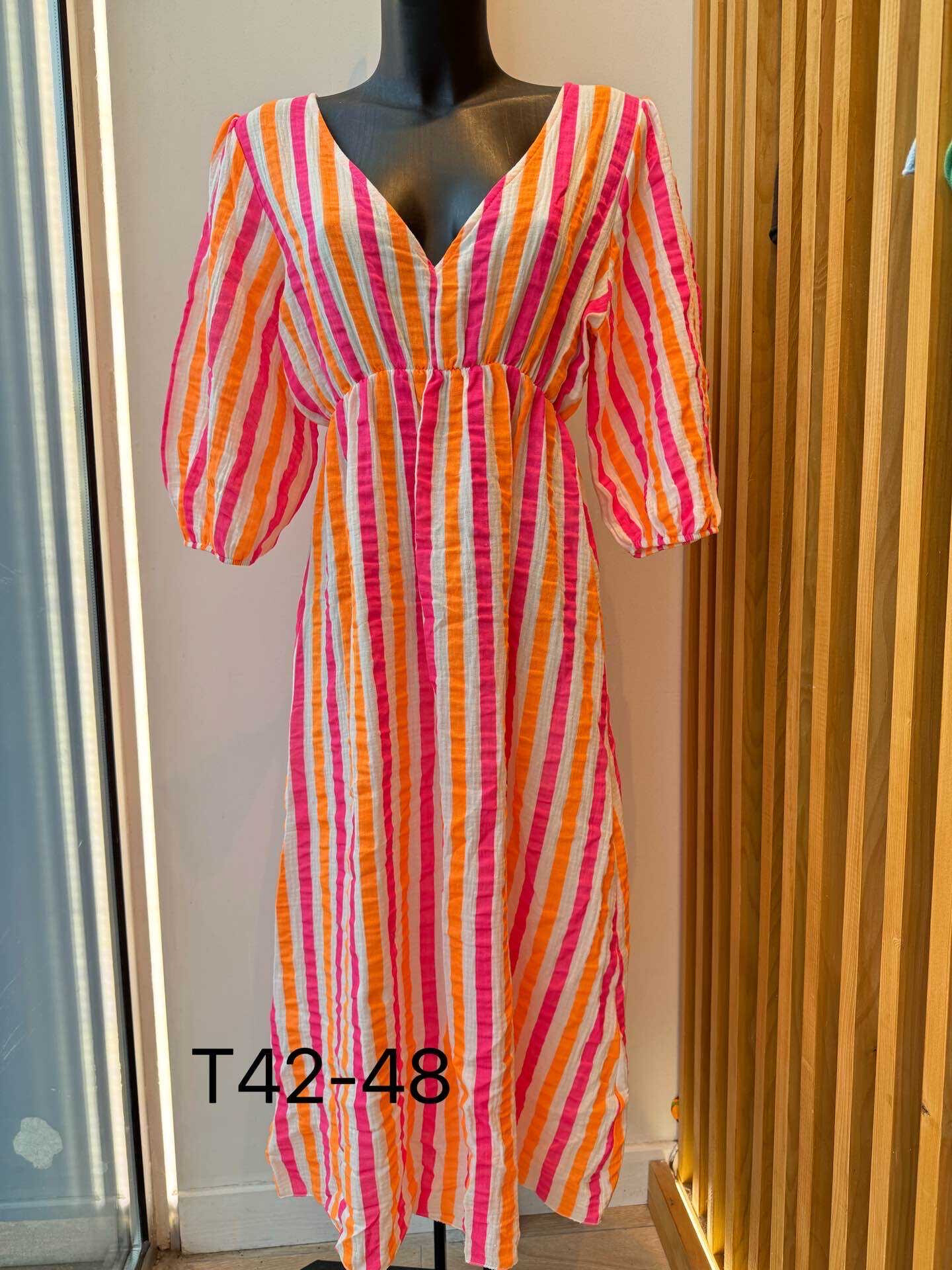 Wholesaler VIViCHY GRANDE TAILLE - Long Cotton Gasel Dress Printed Strums Fluo stripes