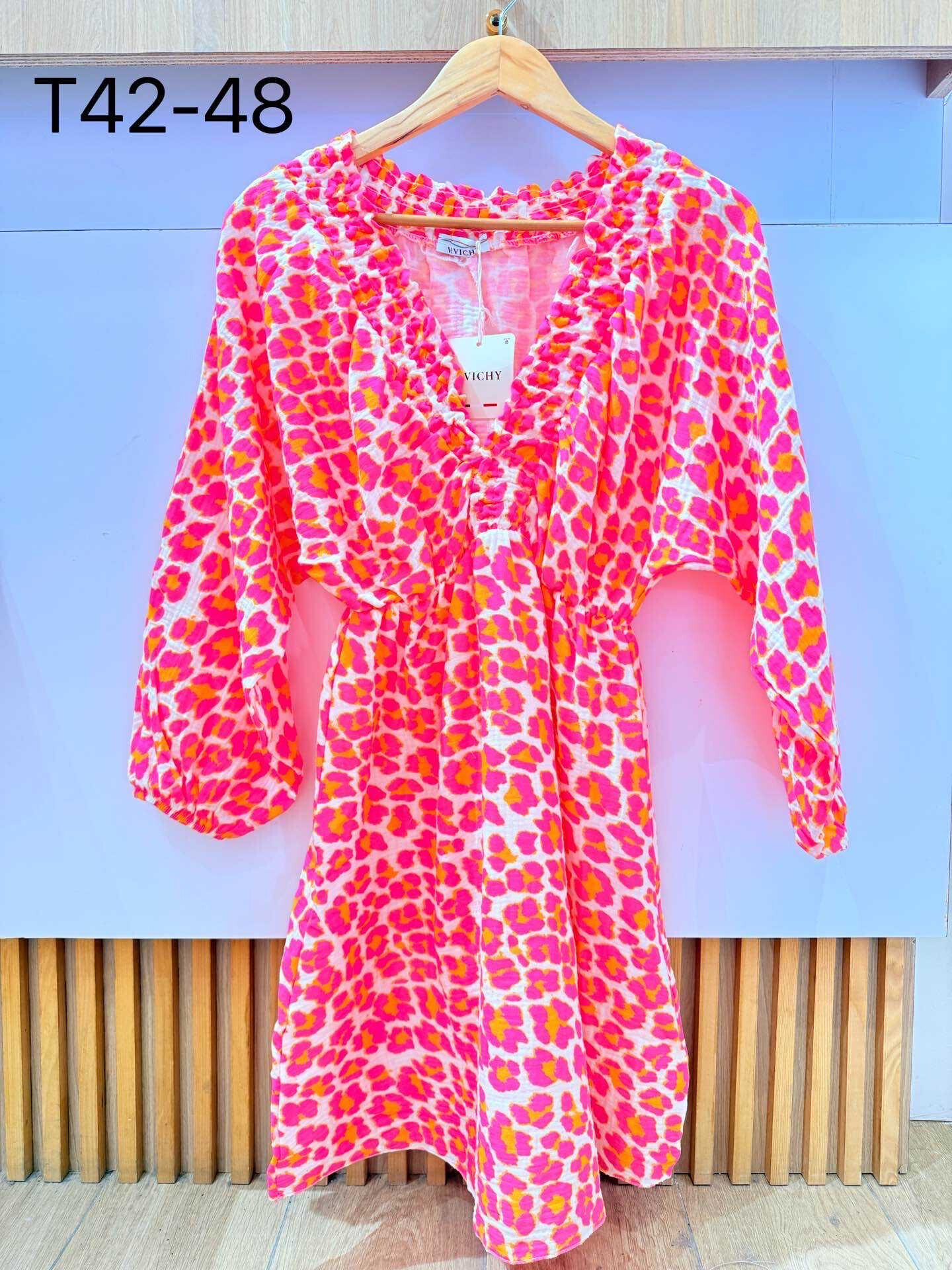 Wholesaler VIViCHY GRANDE TAILLE - Large cotton gauz waist dress with neon leopard print