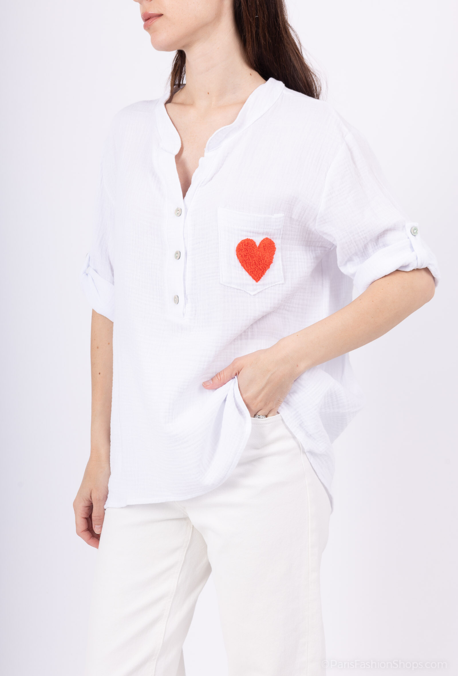 Wholesaler VIVICHY - Cotton gauze blouse, the heart embroidered safe the pocket