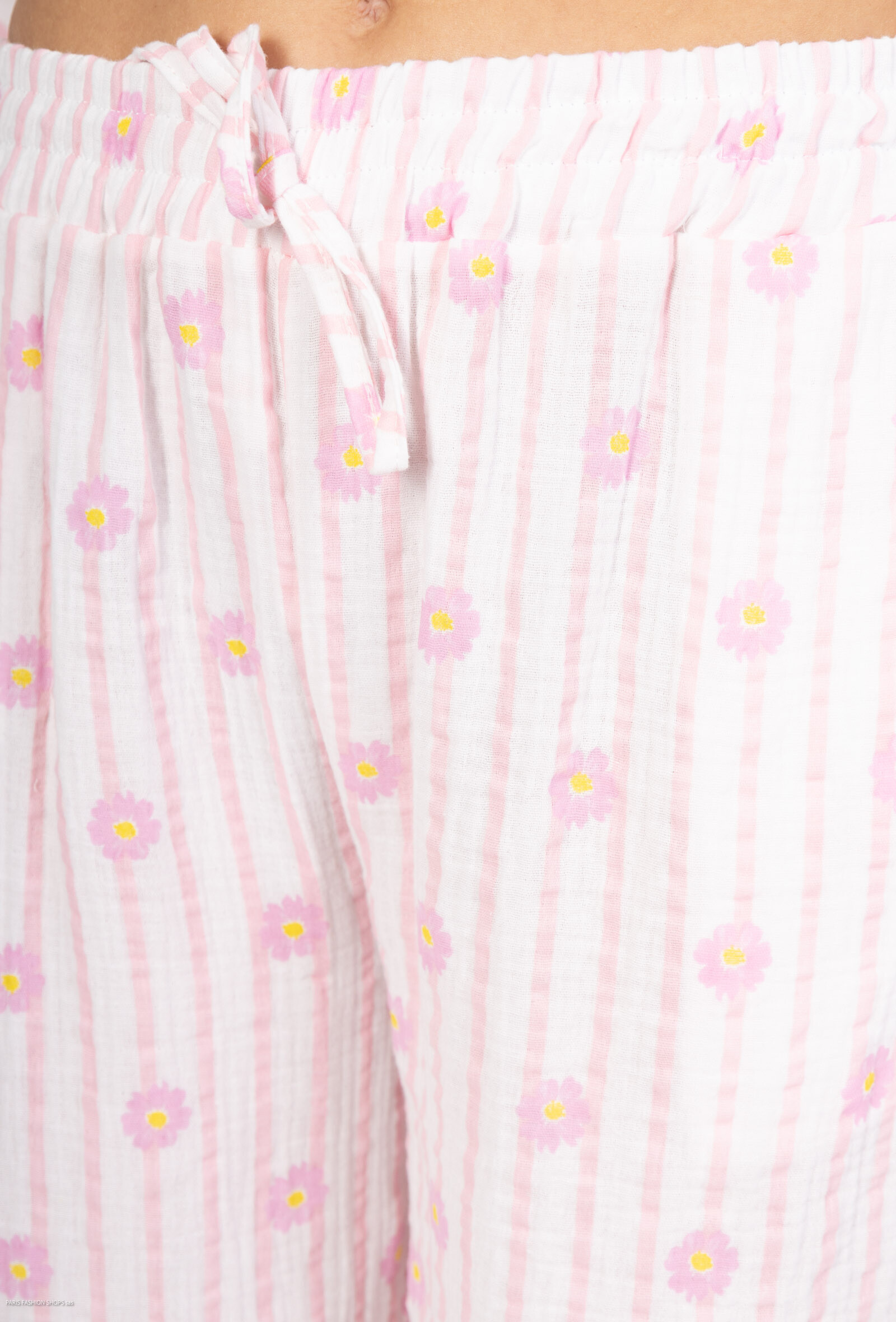 Grossista VIVICHY - Pantaloni di garza di cotone. Strisce e stampa di fiori