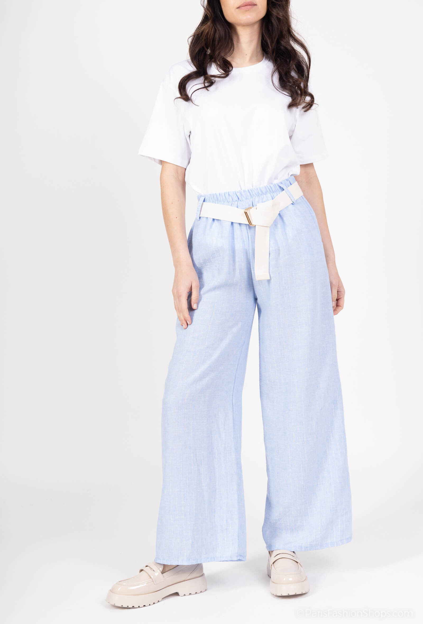 Wholesaler VIVICHY - Straight cutting pants, lurex stripes, elastic waist, linen effect