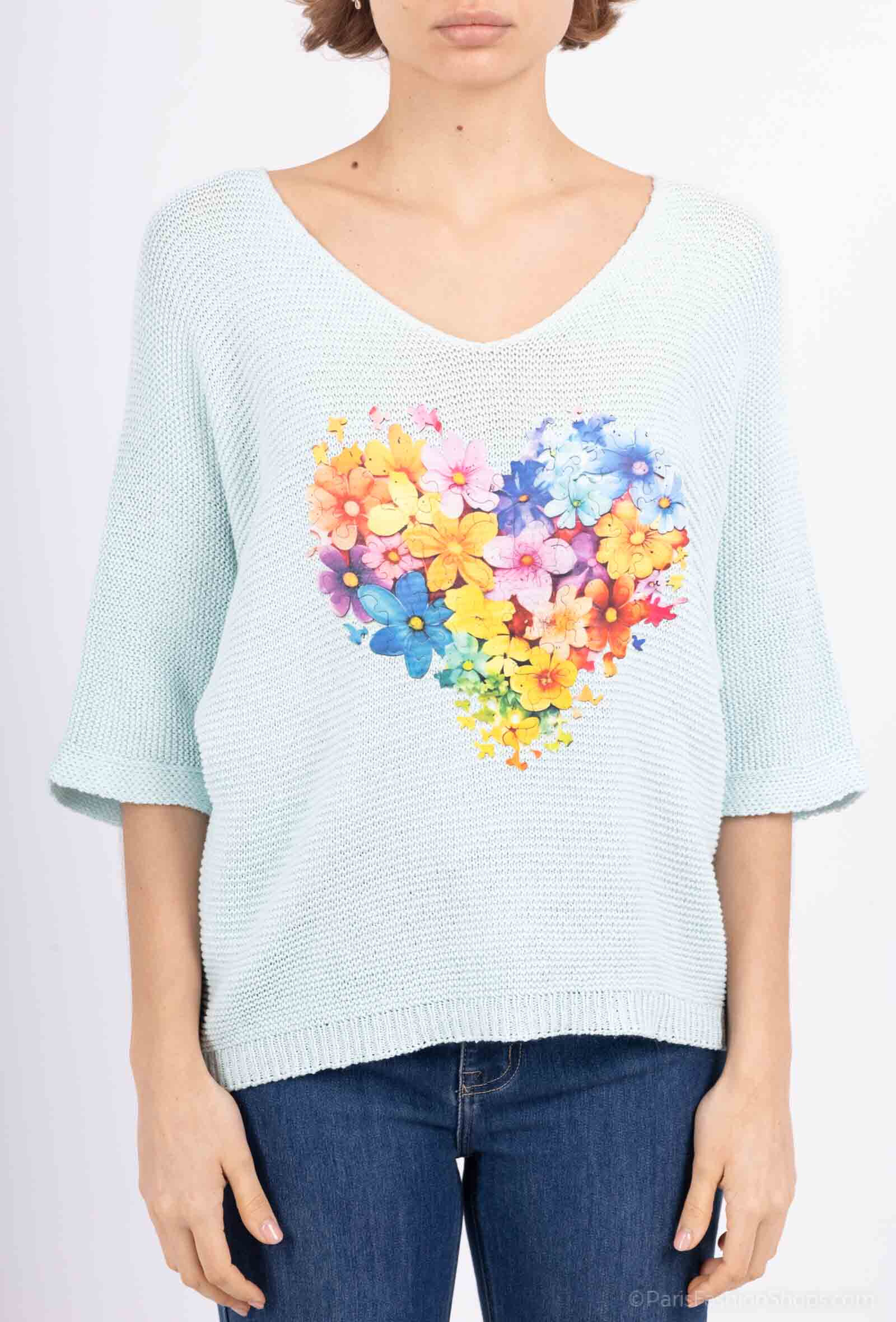 Grossiste VIVICHY - Pull Col V, Manches Trois Quarts, imprimer cœur Fleury