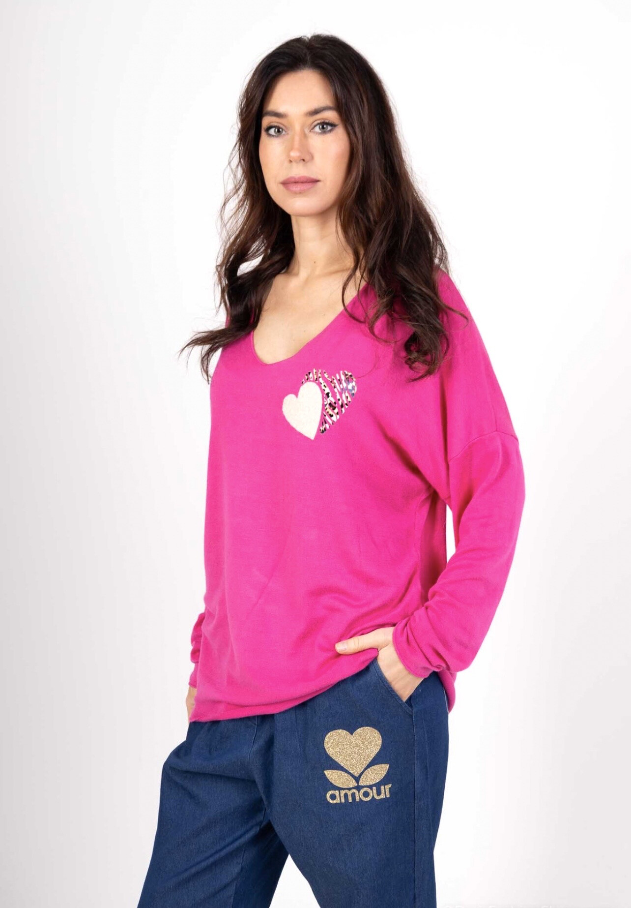 Grossiste VIVICHY - Pull fin, Col V, Manches Longues, imprimé cœur