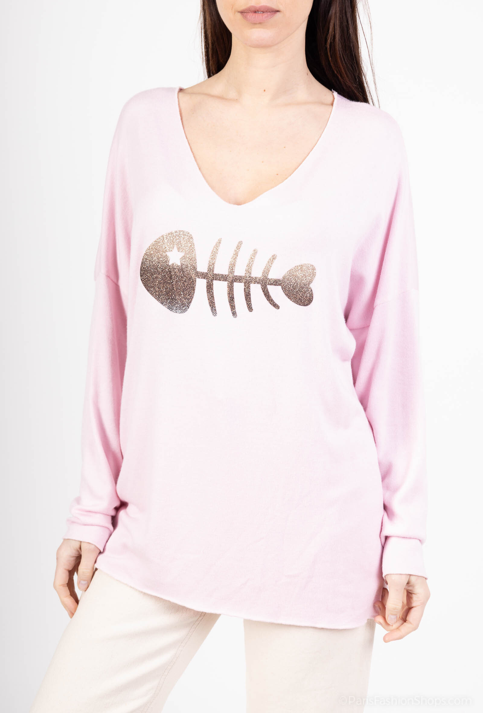 Grossiste VIVICHY - T-shirt Col V manches longues, Avec imprimé poisson