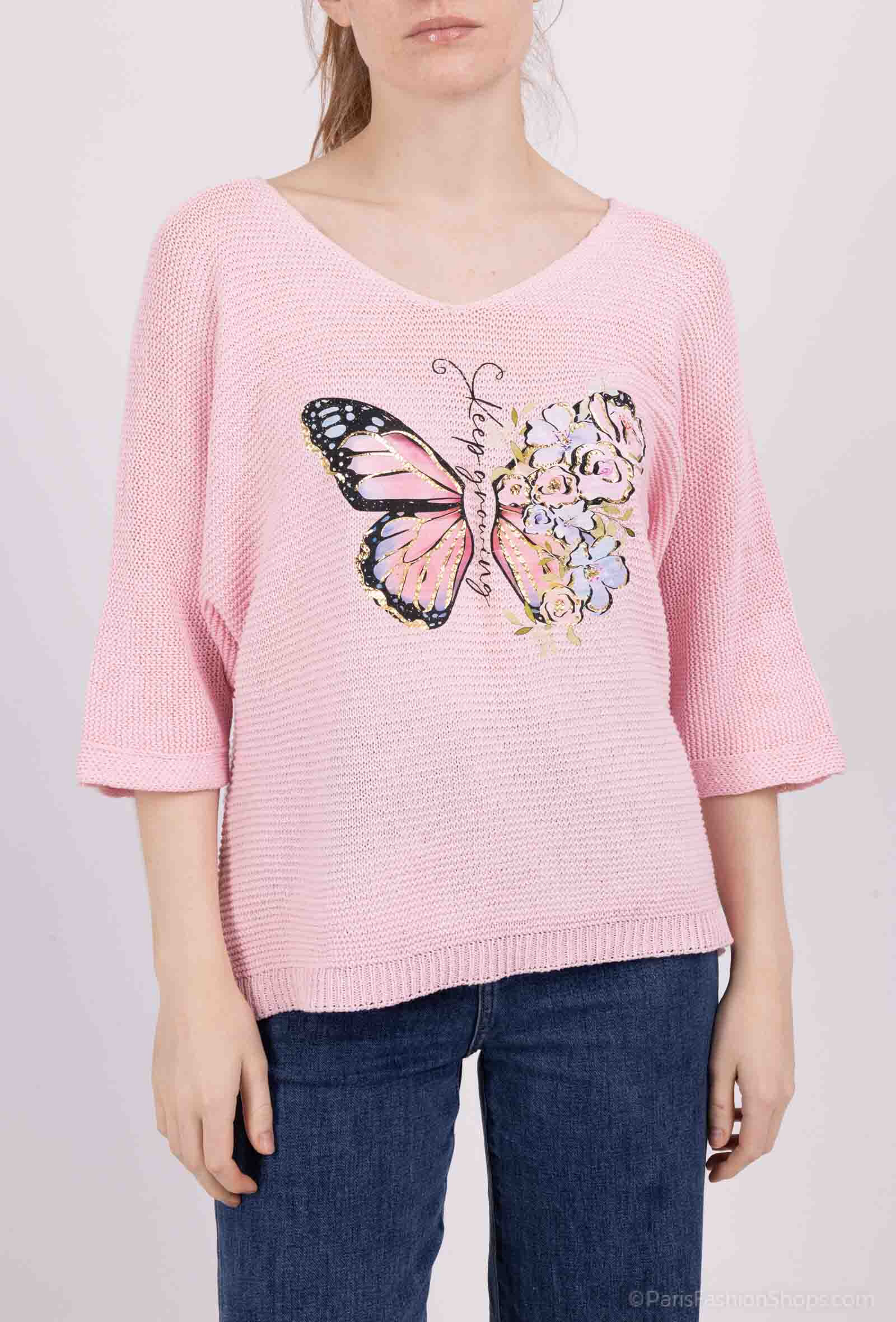 Wholesaler VIVICHY - V-neck sweater with three-quarter sleeves, butterfly print