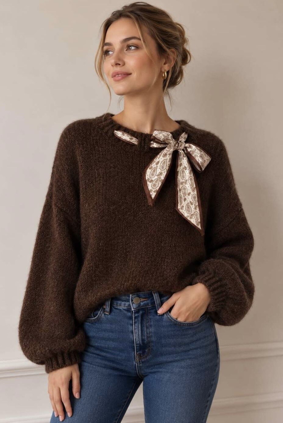 Großhändler VIVICHY - Weicher Strickpullover mit Schal-Knoten