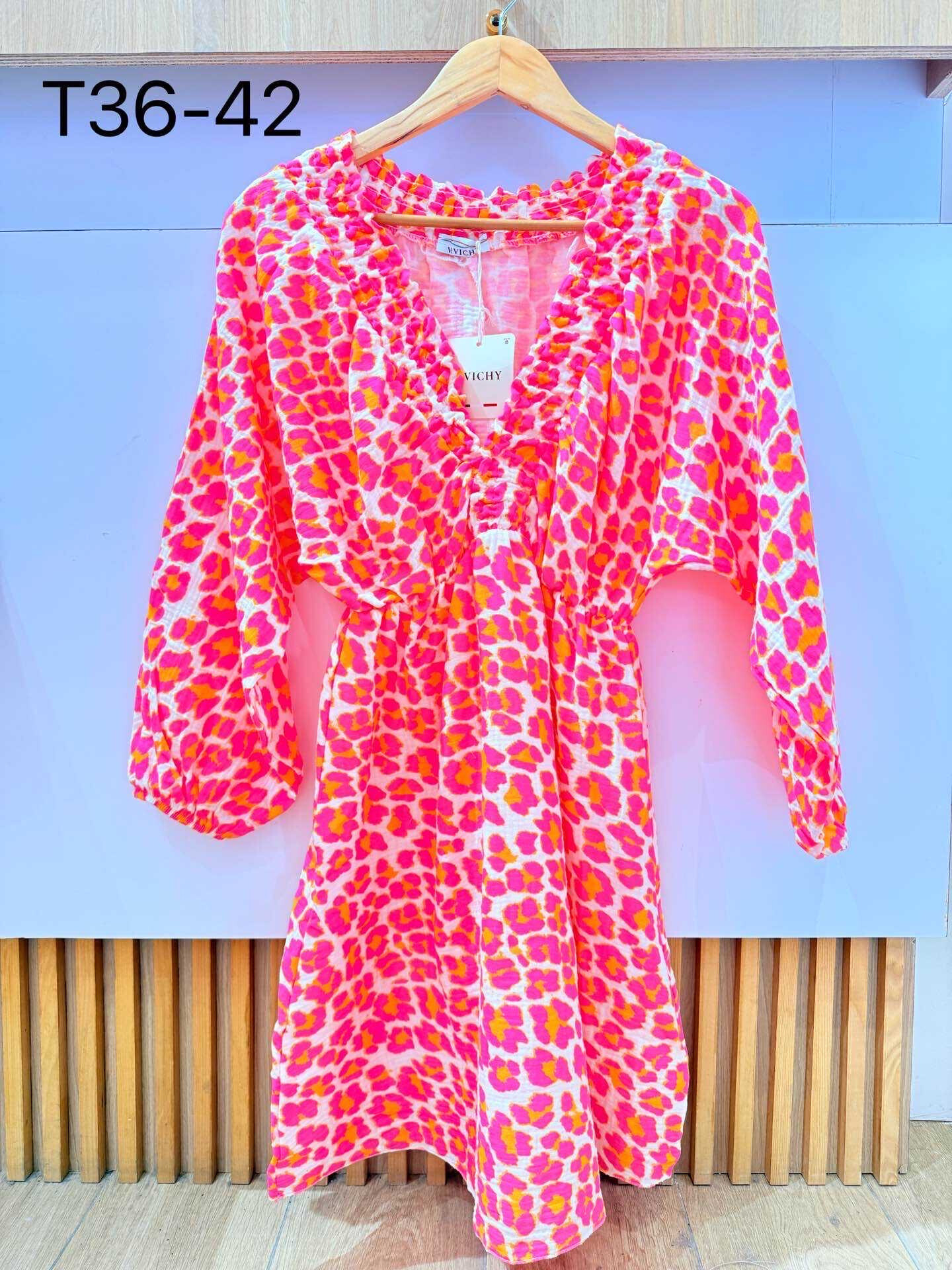 Großhändler VIVICHY - Baumwollgaze -Kleid mit Neon -Leoparden -Druck
