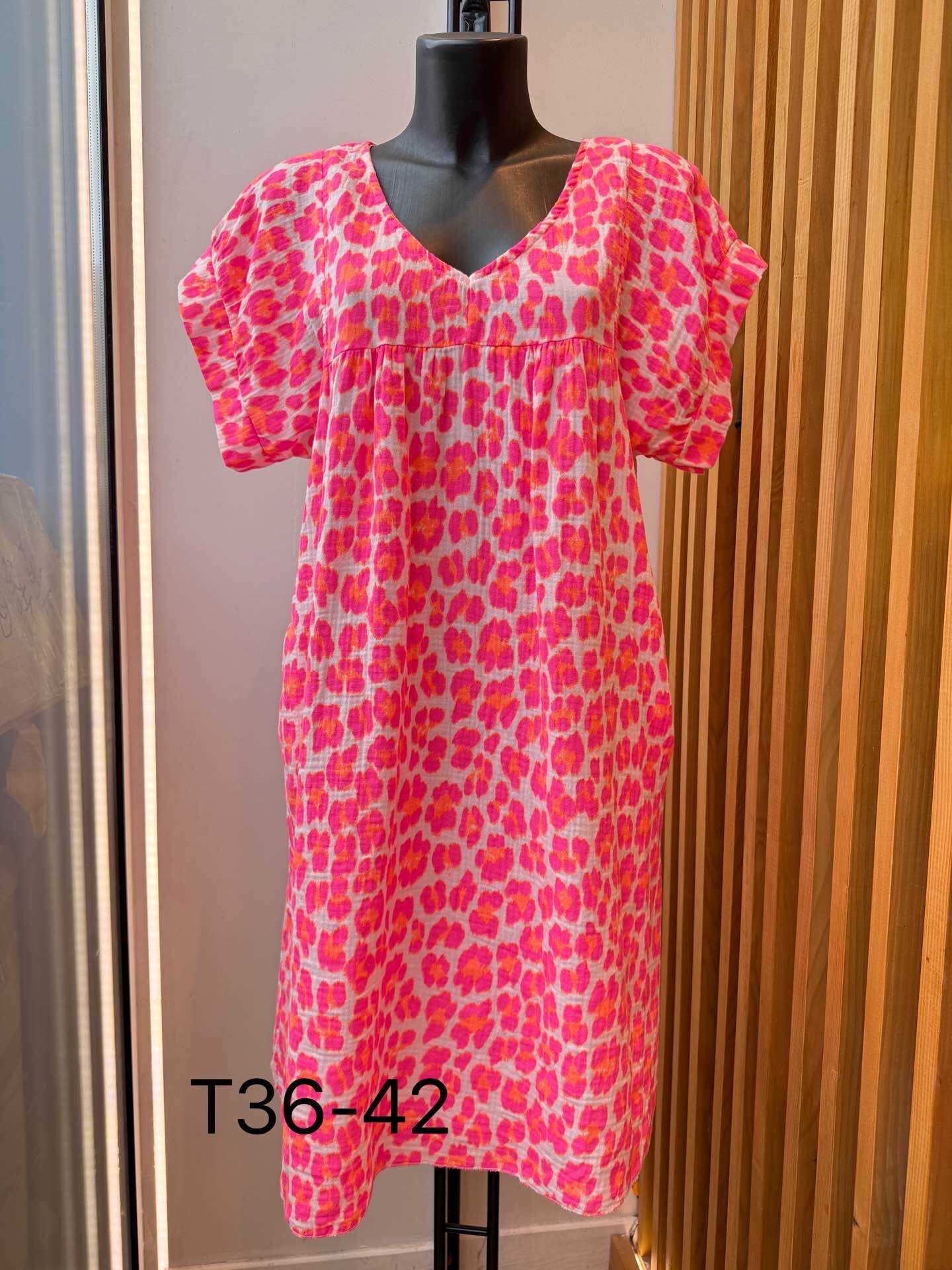 Grossista VIVICHY - Abito a garza di cotone corto con stampa leopardo neon