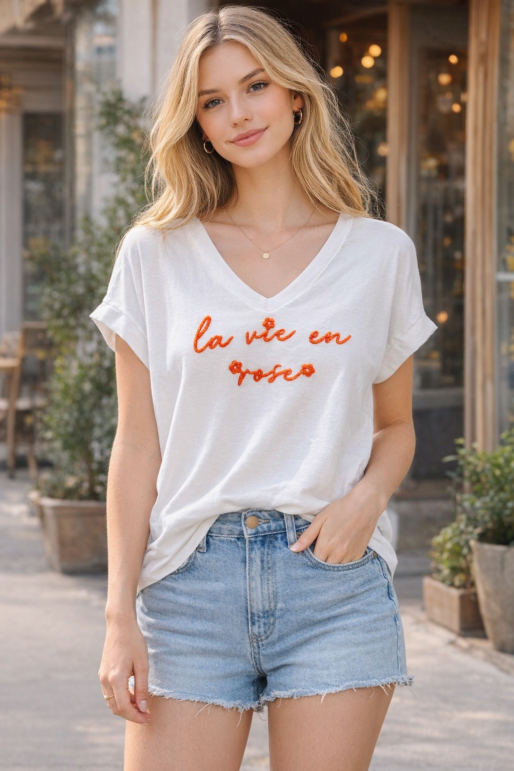 Grossista VIVICHY - T-shirt scollo a V con stampa la vie en rose