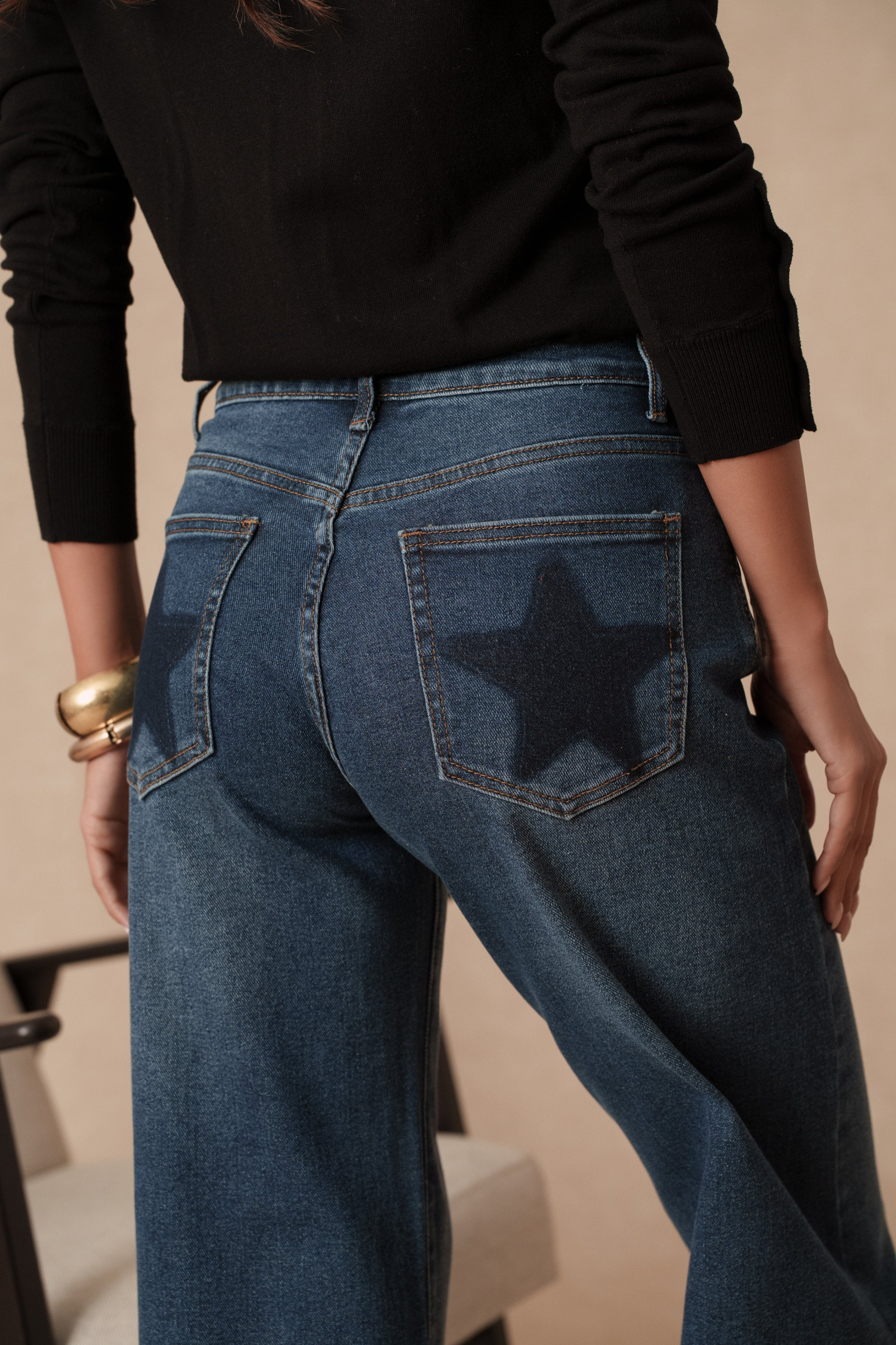 Mayorista VIVID - Vaqueros de pierna ancha con bolsillos traseros de estampado de estrellas