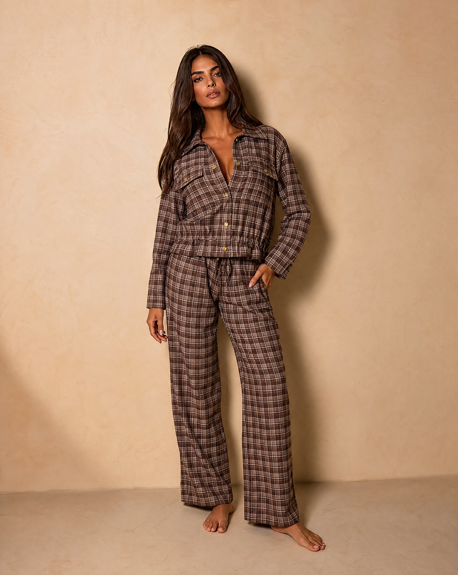 Wholesaler Voyelles - Elastic waist plaid pants