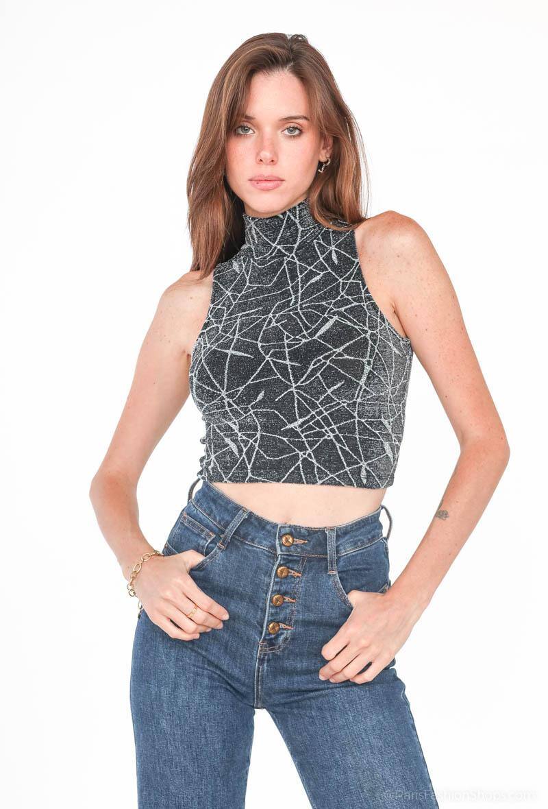 Wholesaler Voyelles - Sequin high neck crop top