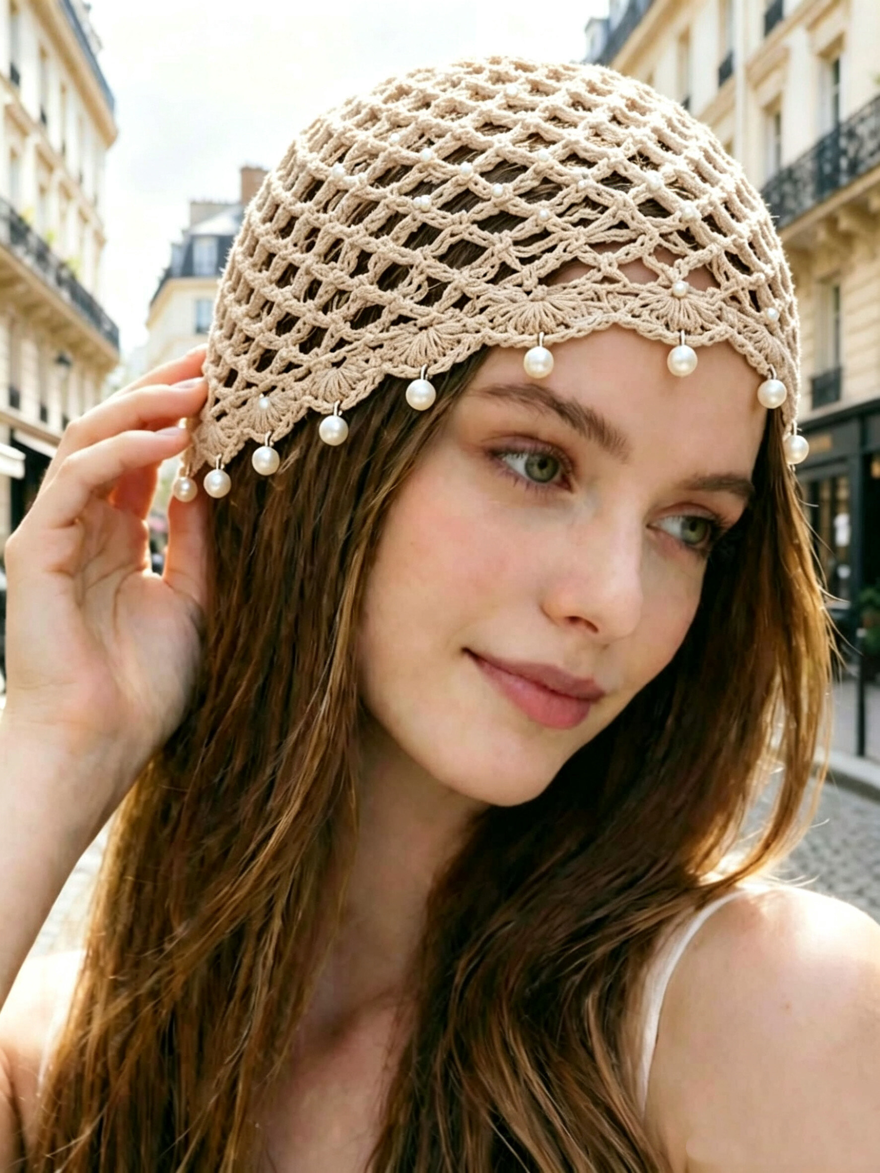 Wholesaler VS PLUS - Crocheted sequin beanie with pearls at the bottom