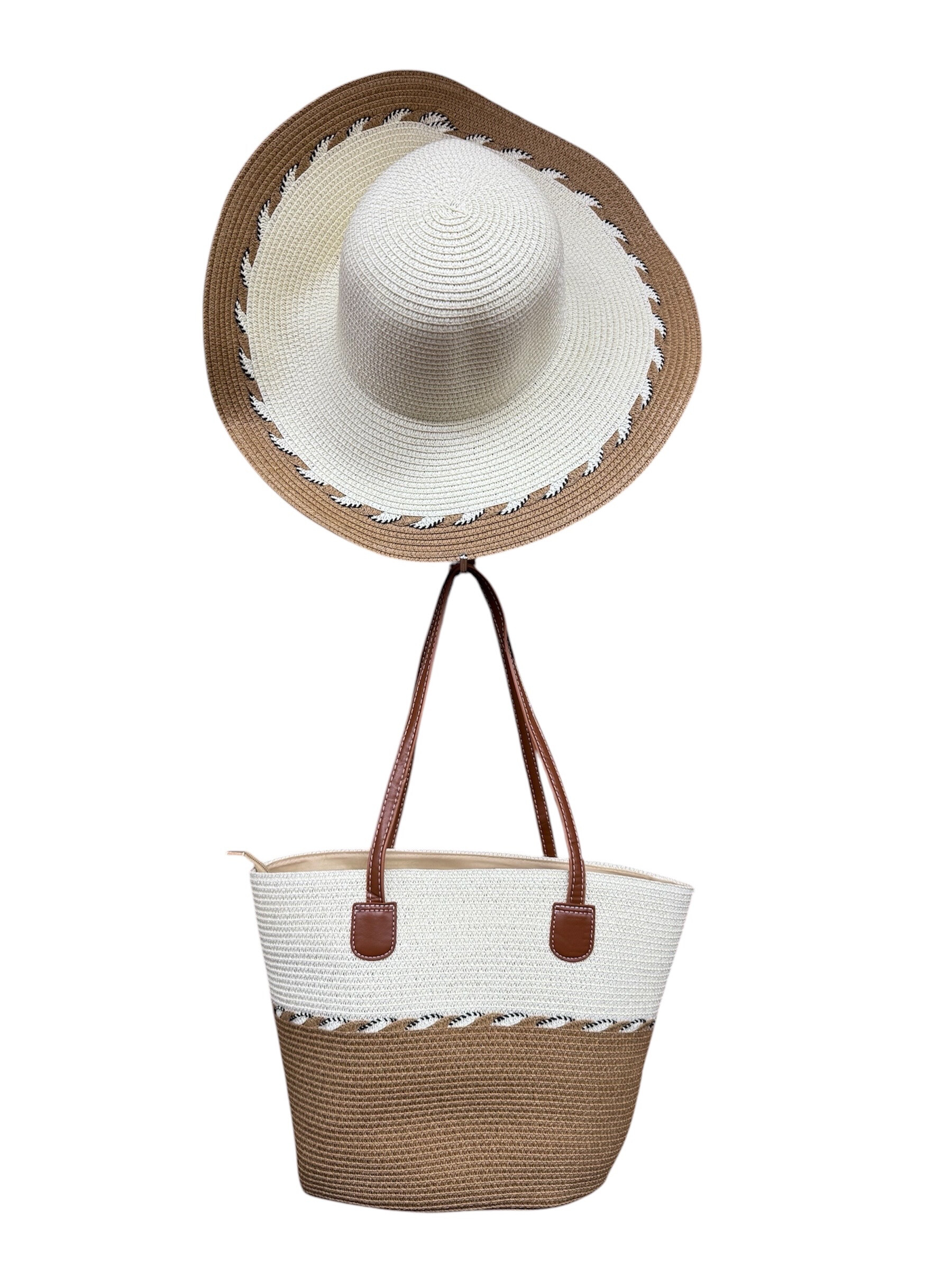 Grossiste VS PLUS - Ensemble Chapeau et Sac Cabas d'été de la plage  bicolor en paille de papier