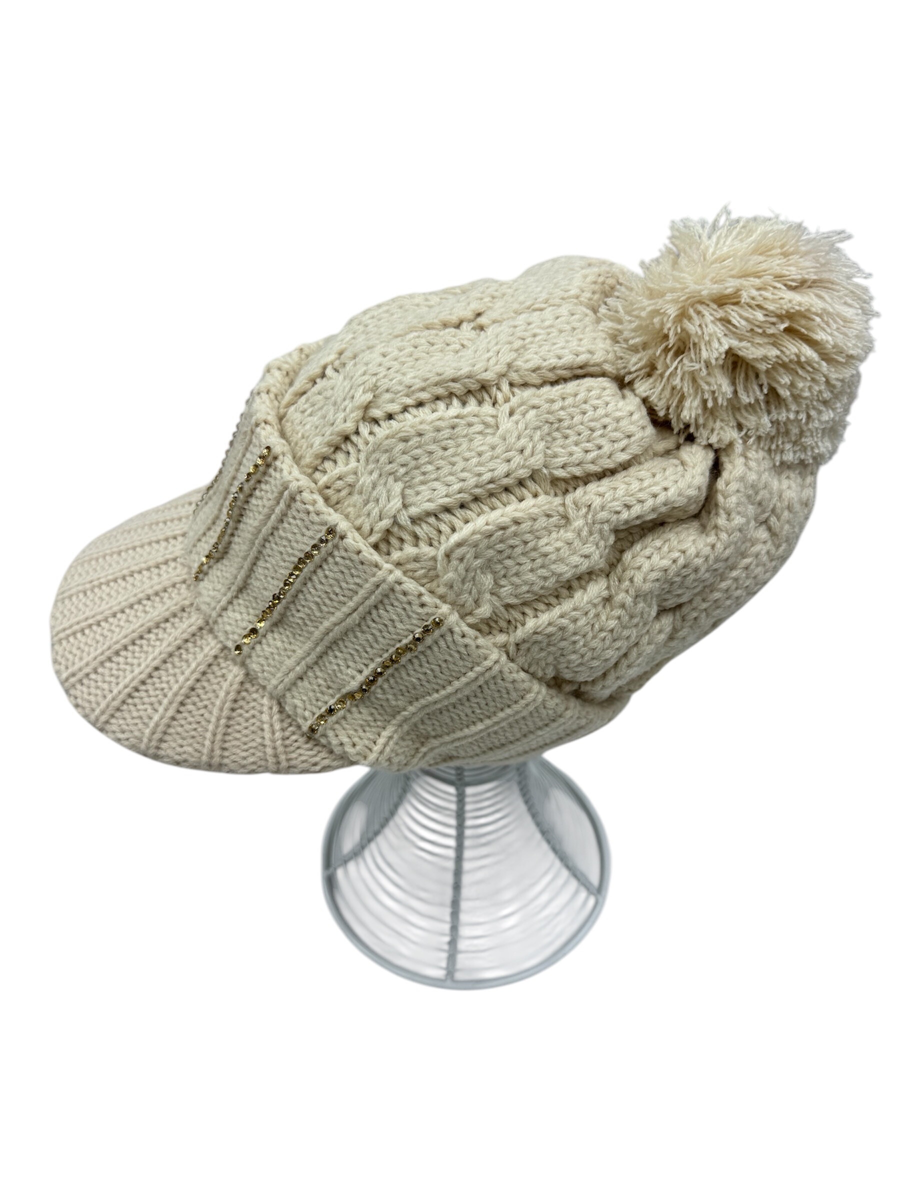 Grossiste VS PLUS - Casquette à Pompon Maille Tricoté en Torsadé avec strass