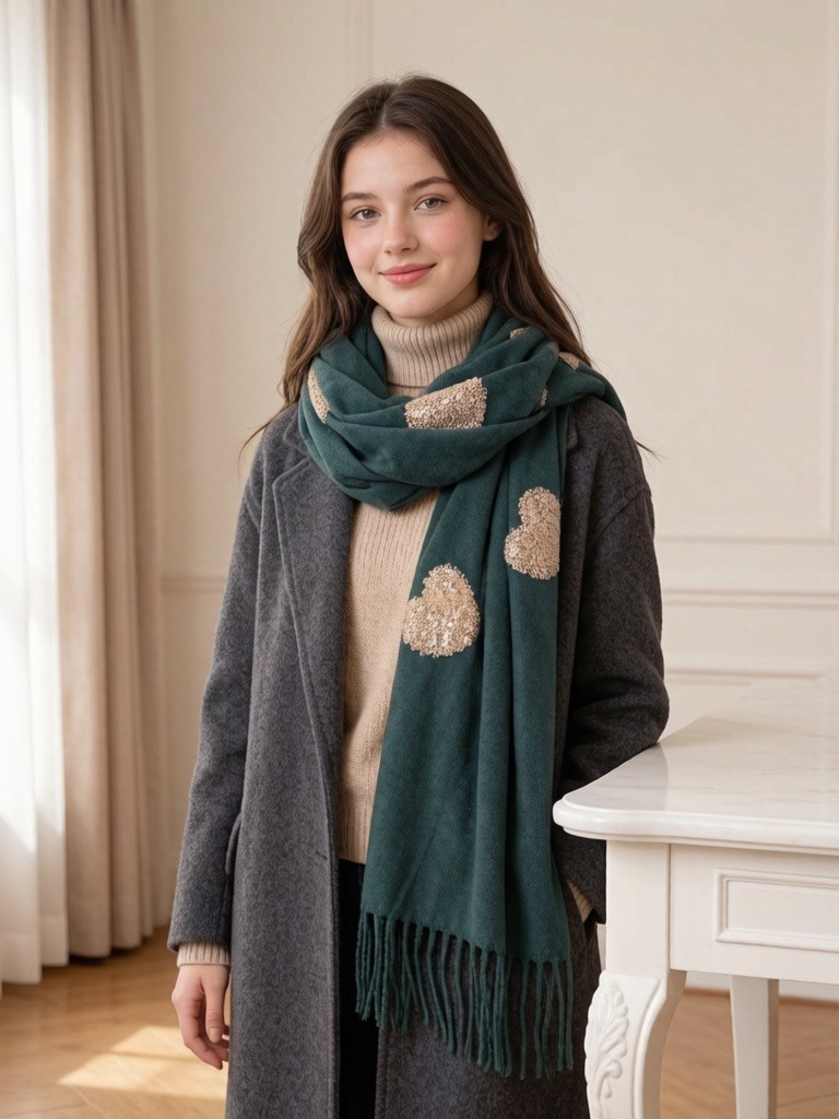 Wholesaler VS PLUS - Winter Scarf with Heart Border and Sequins