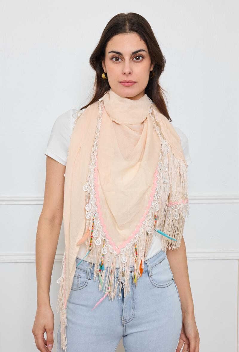 Grossiste VS PLUS - Grand Foulard En Triangle à longues franges ,ornée de dentelle Avec Bordure Festonnée