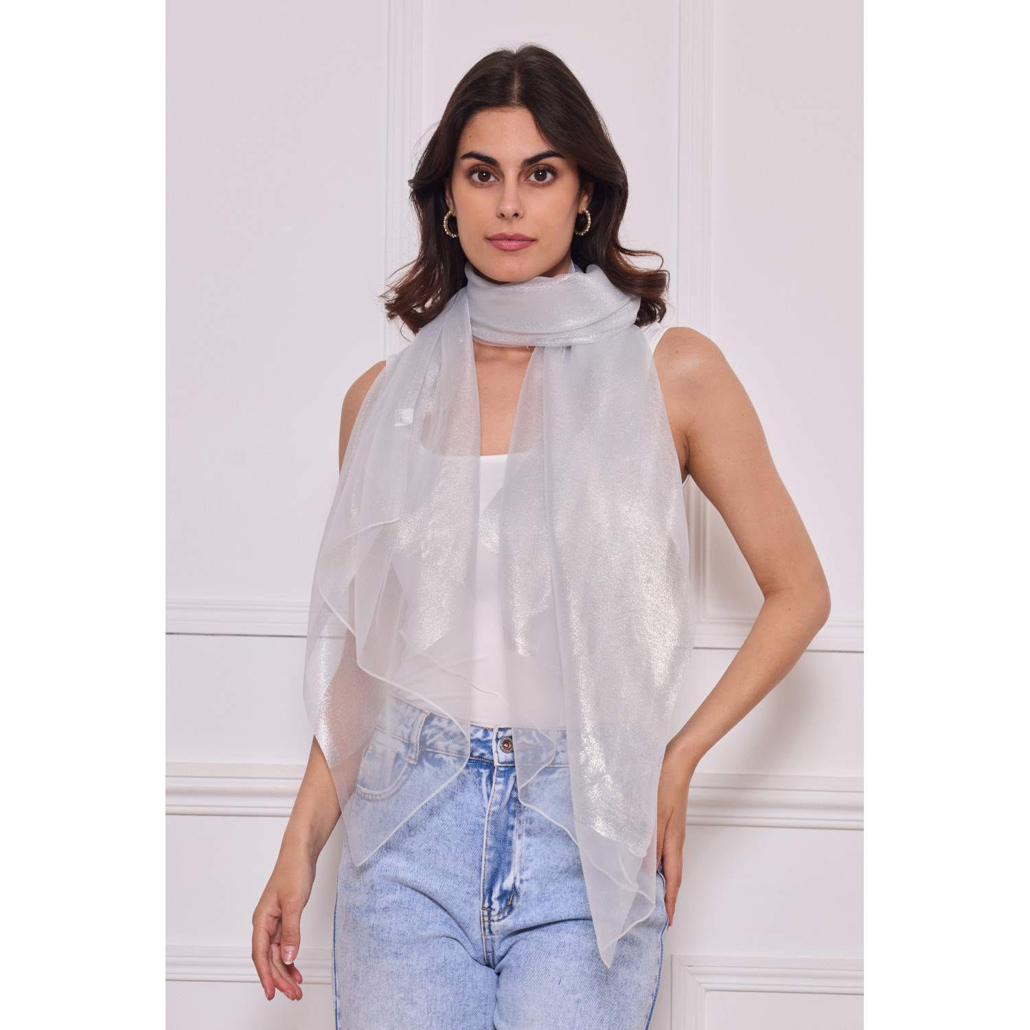 Écharpe Femme En Mousseline De Soie - 200 Cm - Modèle Satiné Avec Feuilles Dorées Et Paillettes - Tulle Et Coton - Accessoire élégant Pour Toutes Les Occasions - 11