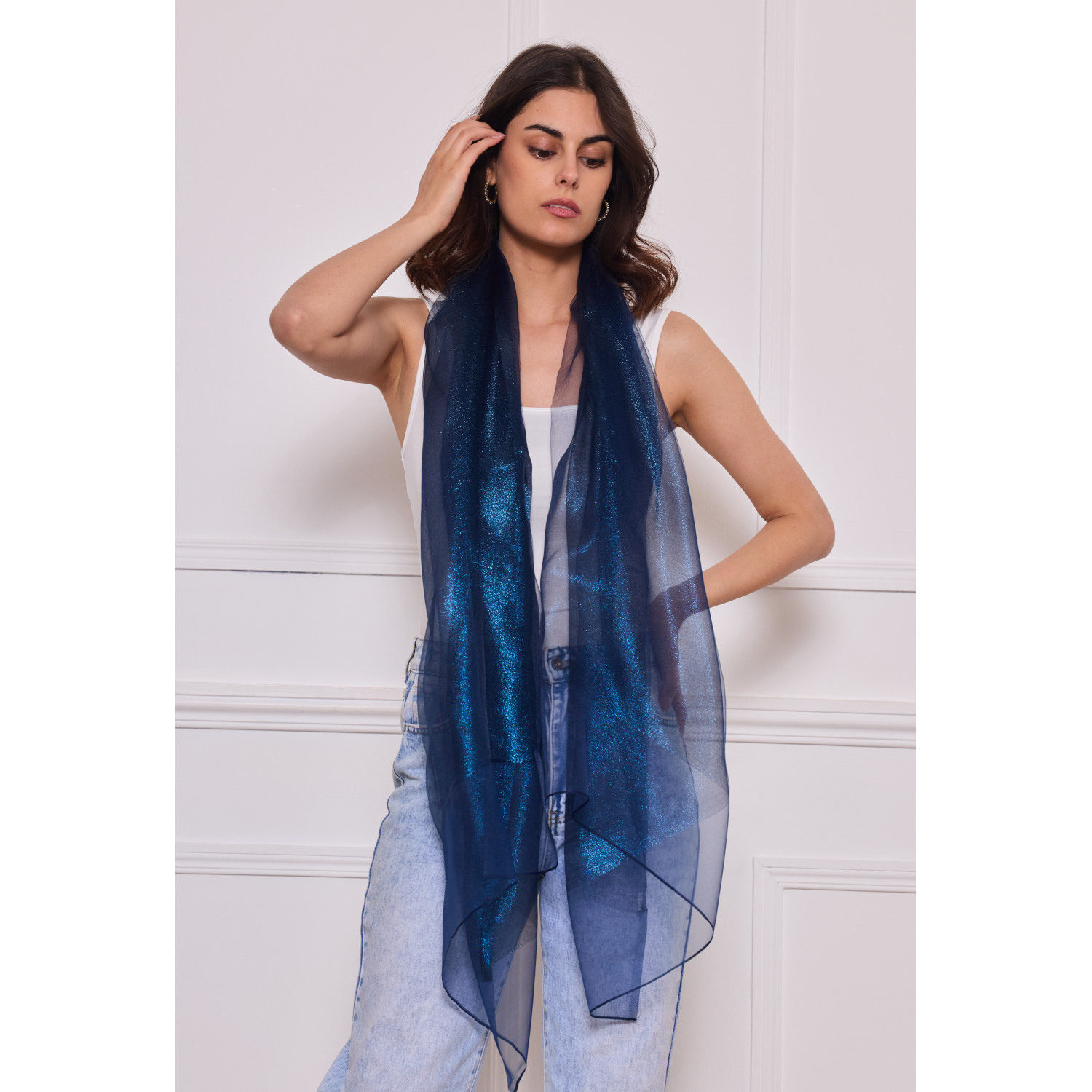 Écharpe Femme En Mousseline De Soie - 200 Cm - Modèle Satiné Avec Feuilles Dorées Et Paillettes - Tulle Et Coton - Accessoire élégant Pour Toutes Les Occasions - 10