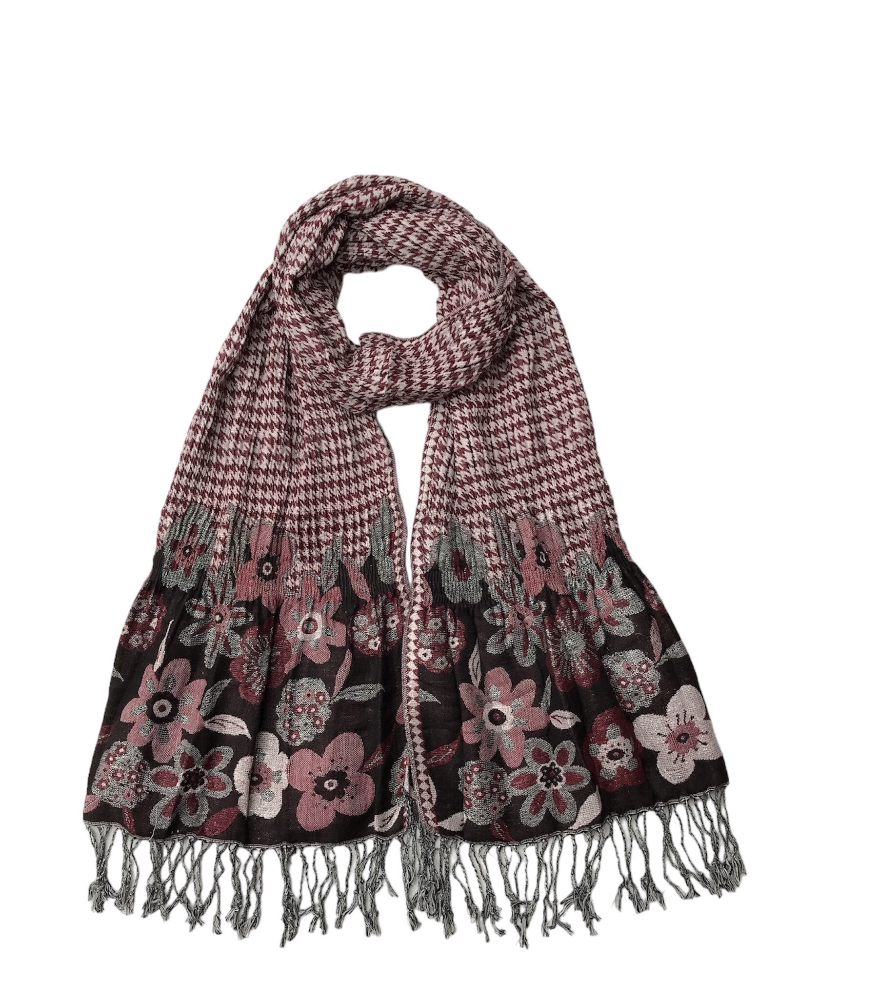 Wholesaler VS PLUS - Printed pleated scarf Houndstooth pattern with flowers and luxurious agent