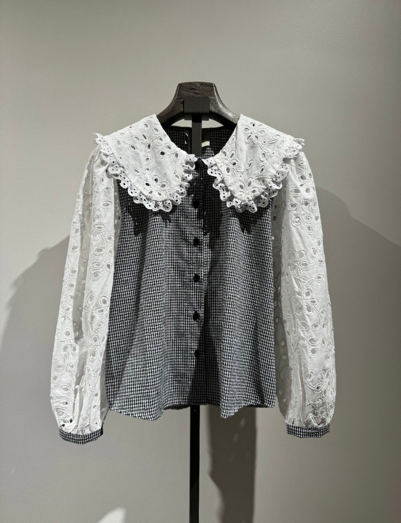 Wholesaler W Studio - Gingham Collar and Sleeve Shirt with Embroidery