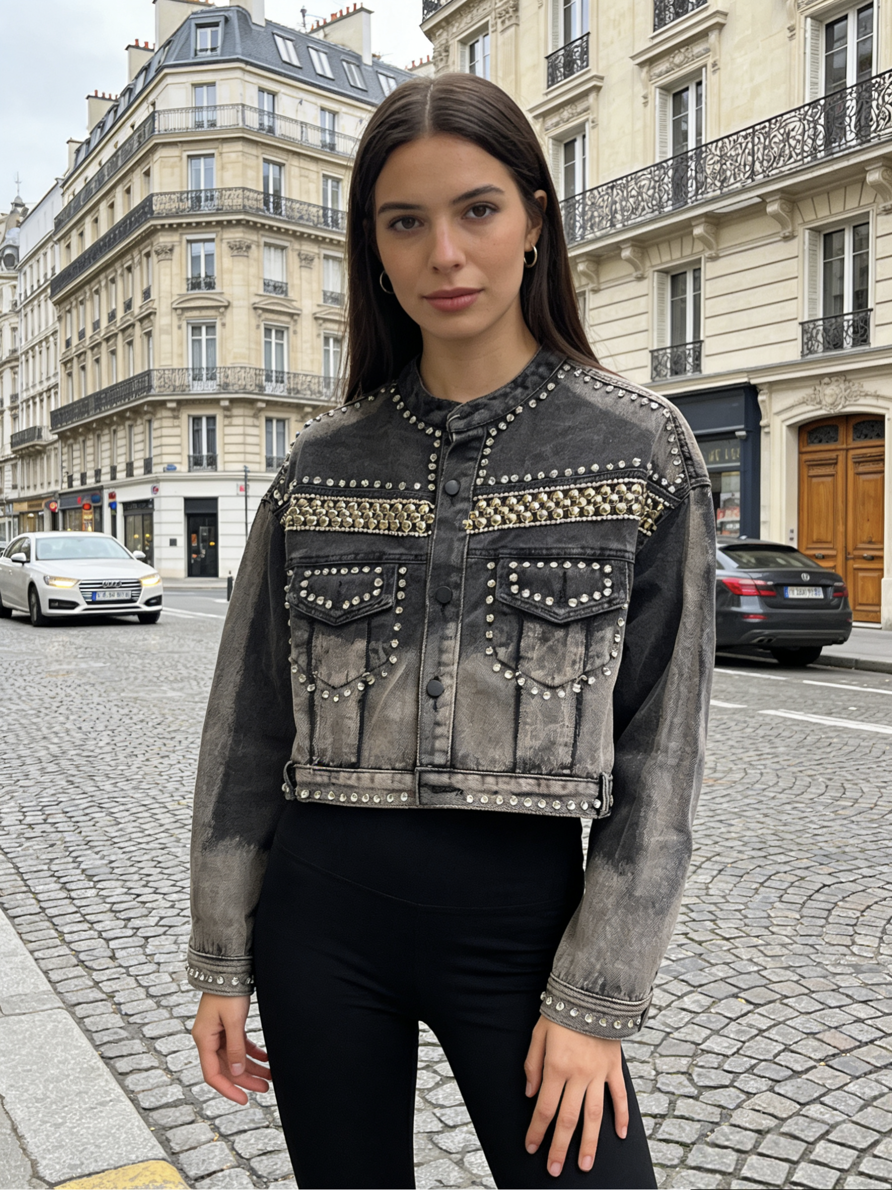Wholesaler WAY MODE - Women's cropped denim jacket with rhinestones