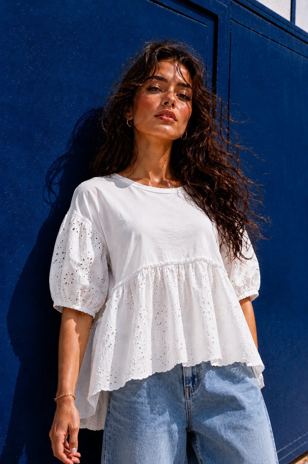 Wholesaler WAY WAY SRL - Cotton blouse with eyelet lace ruffles
