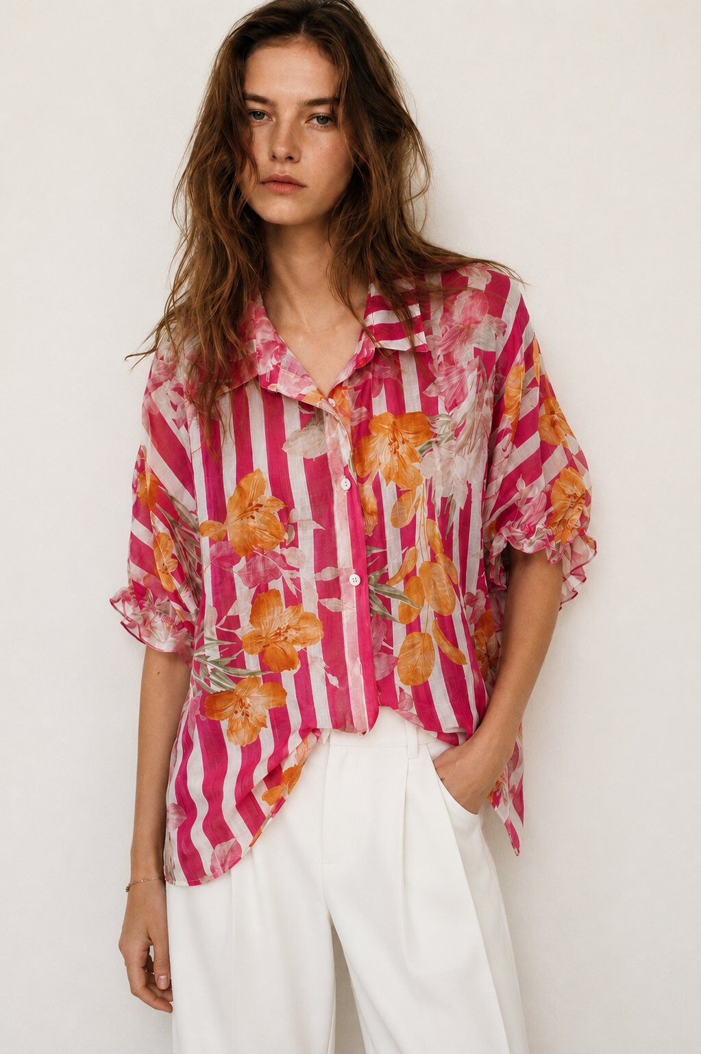 Wholesaler WAY WAY SRL - FLORAL STRIPED TENCEL SHIRT