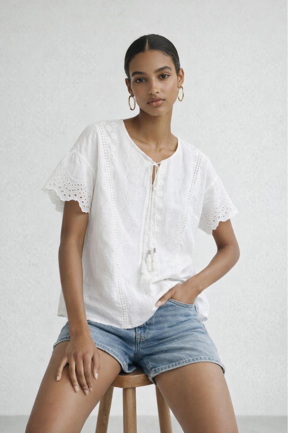 Grossista WAY WAY SRL - Blusa in sangallo con pizzi e laccetti