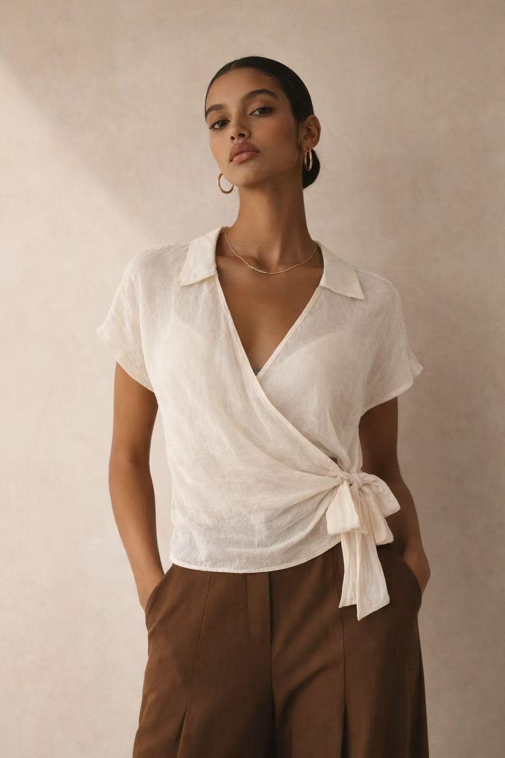 Wholesaler WAY WAY SRL - CROSSED TENCEL BLOUSE WITH COLLAR