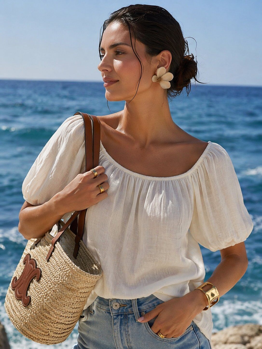 Wholesaler WAY WAY SRL - Tencel blouse with ruched neckline and puff sleeves