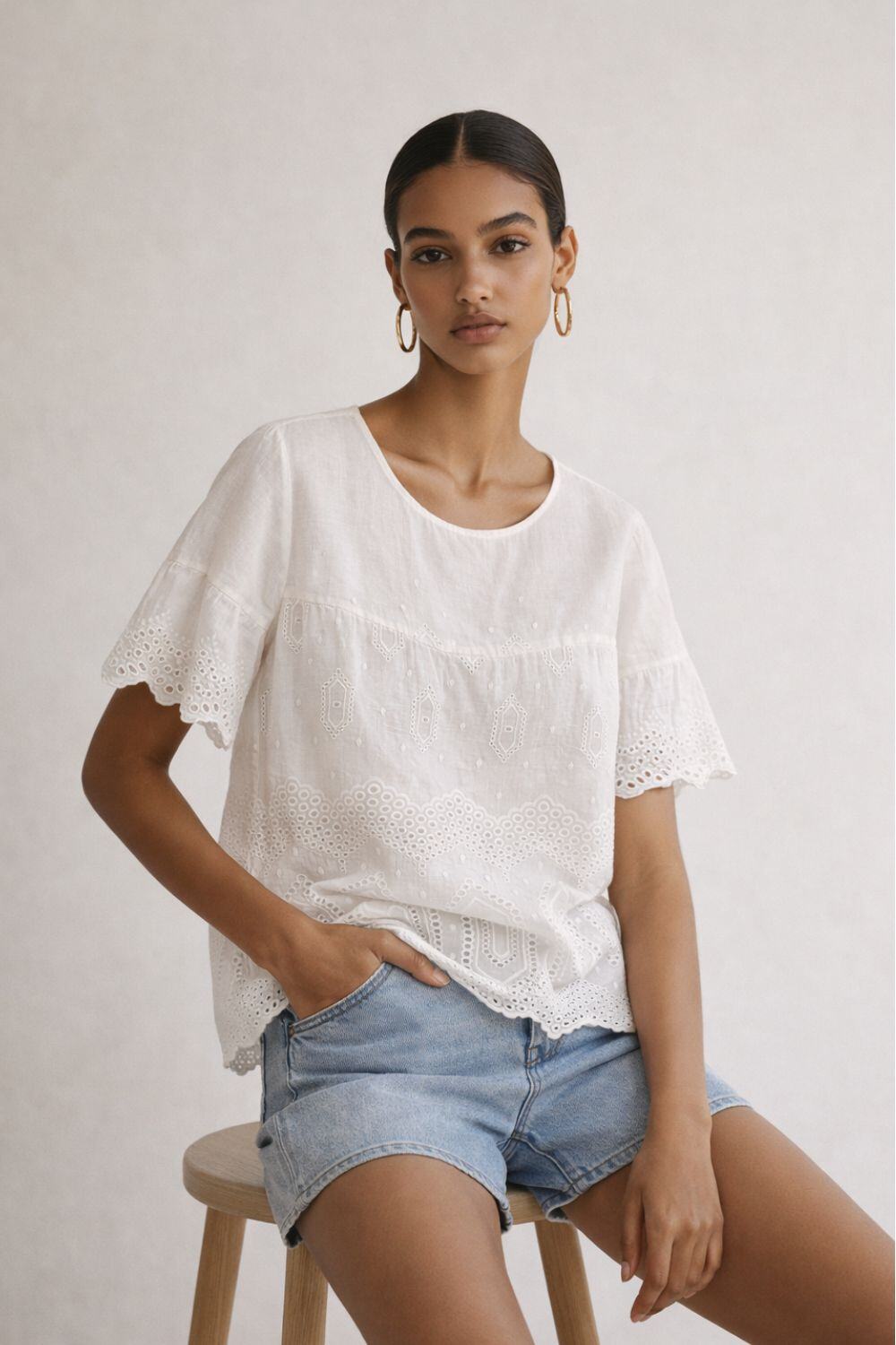 Grossista WAY WAY SRL - Blusa in sangallo con maniche a balza
