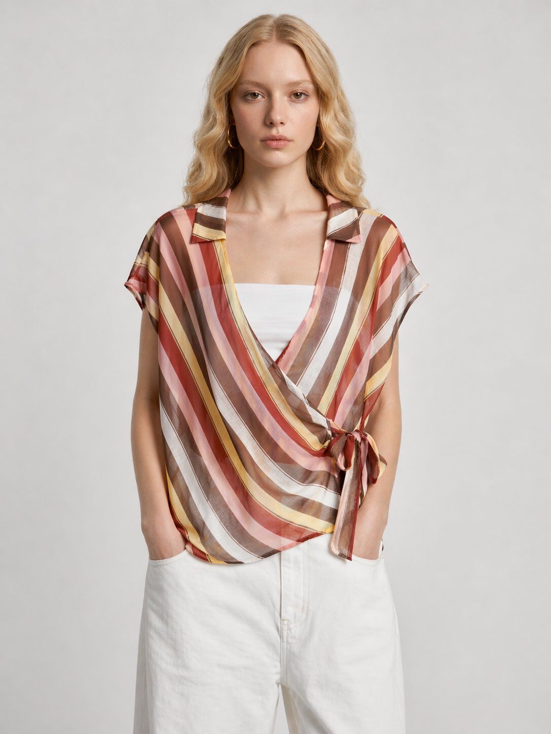 Wholesaler WAY WAY SRL - STRIPED TENCEL BLOUSE WITH BACK BOW AND WIDE SLEEVES