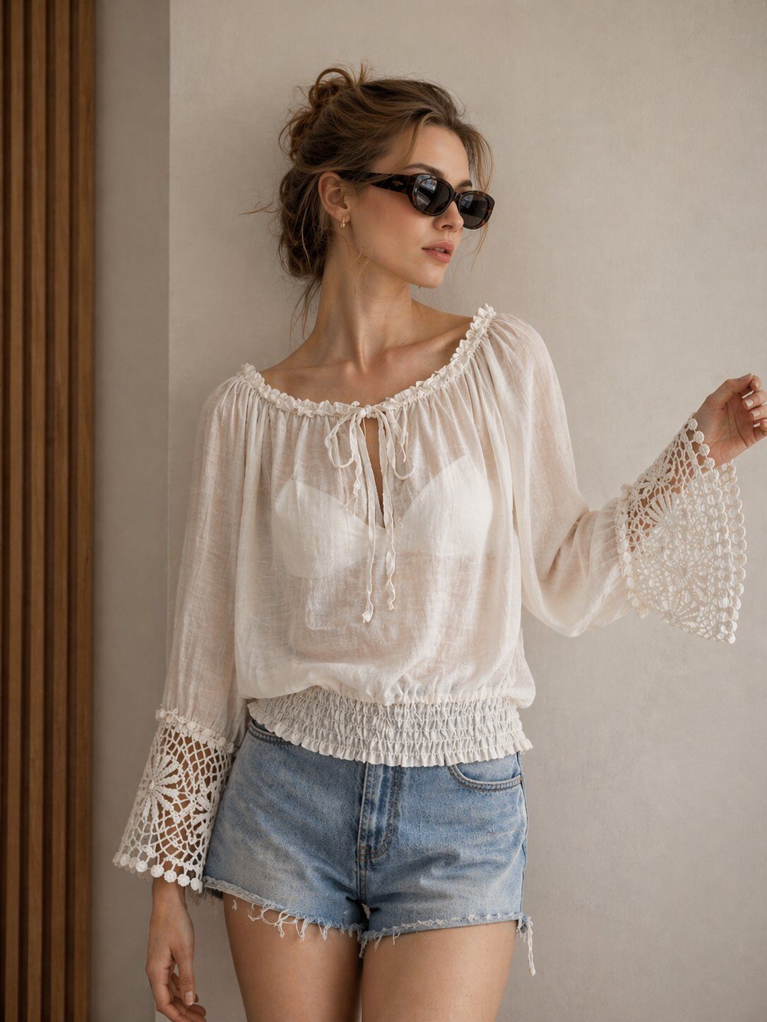 Wholesaler WAY WAY SRL - TENCEL BLOUSE WITH ELASTICATED NECKLINE AND LACE