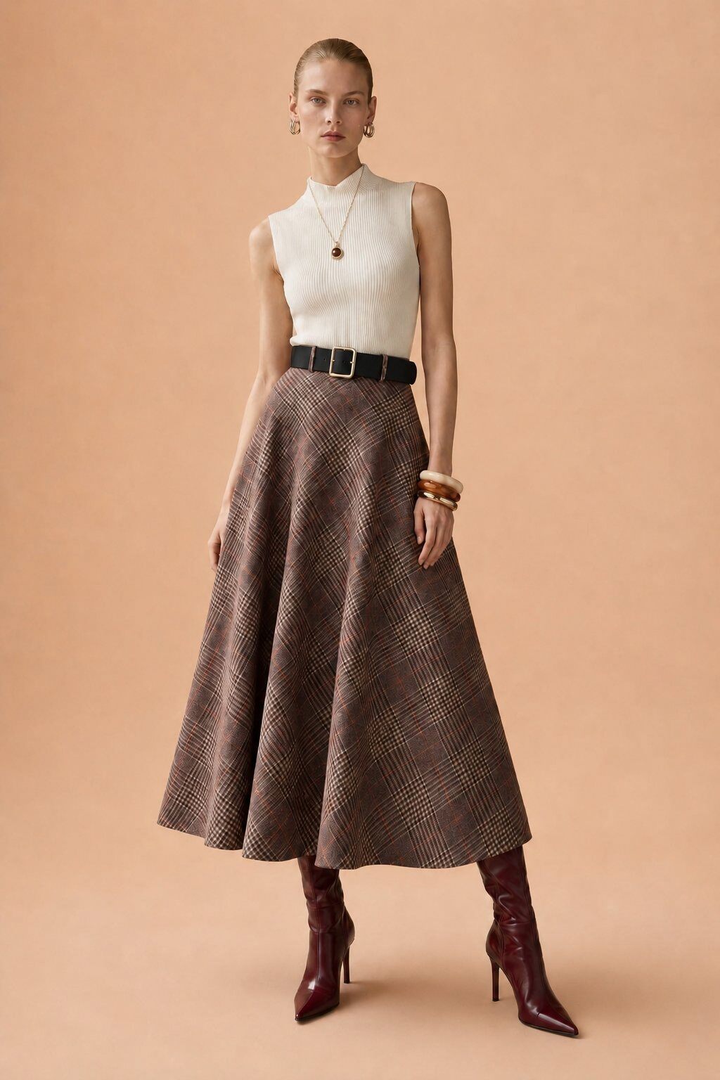 Wholesaler WAY WAY SRL - PLAID SUEDE MIDI SKIRT WITH BELT