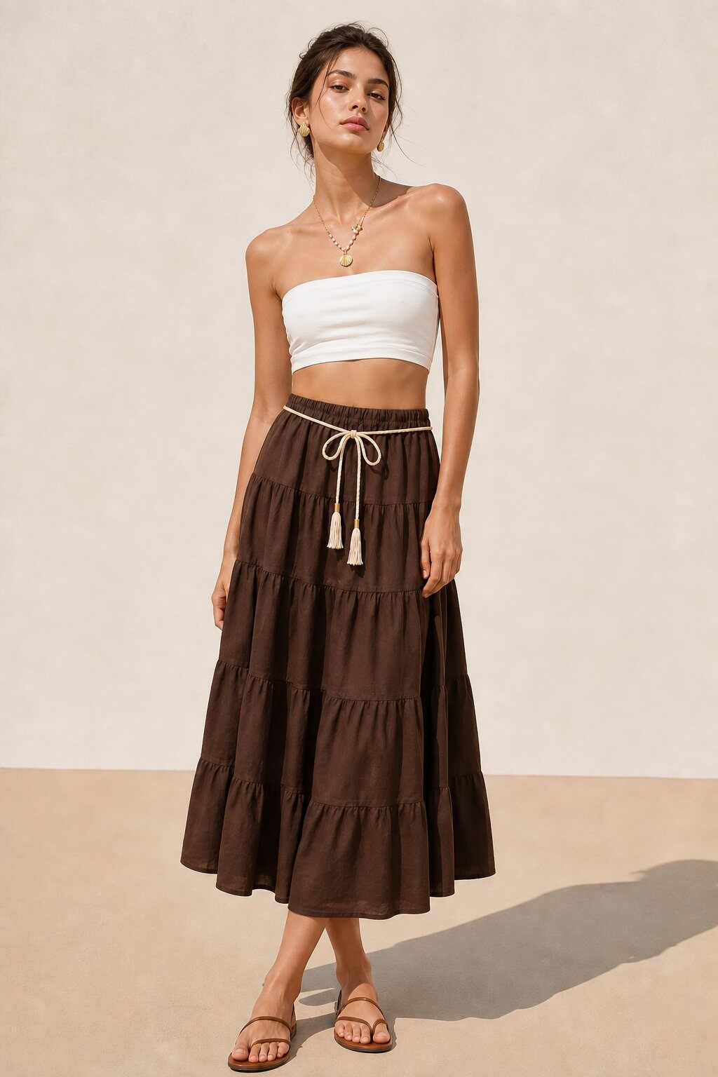 Mayorista WAY WAY SRL - FALDA MIDI DE VOLANTES DE ALGODÓN CON CINTURÓN DE CUERDA