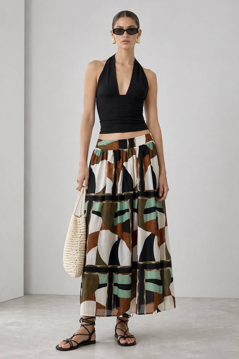 Mayorista WAY WAY SRL - FALDA MIDI DE ALGODÓN CON ESTAMPADO GEOMÉTRICO Y CINTURA ELÁSTICA