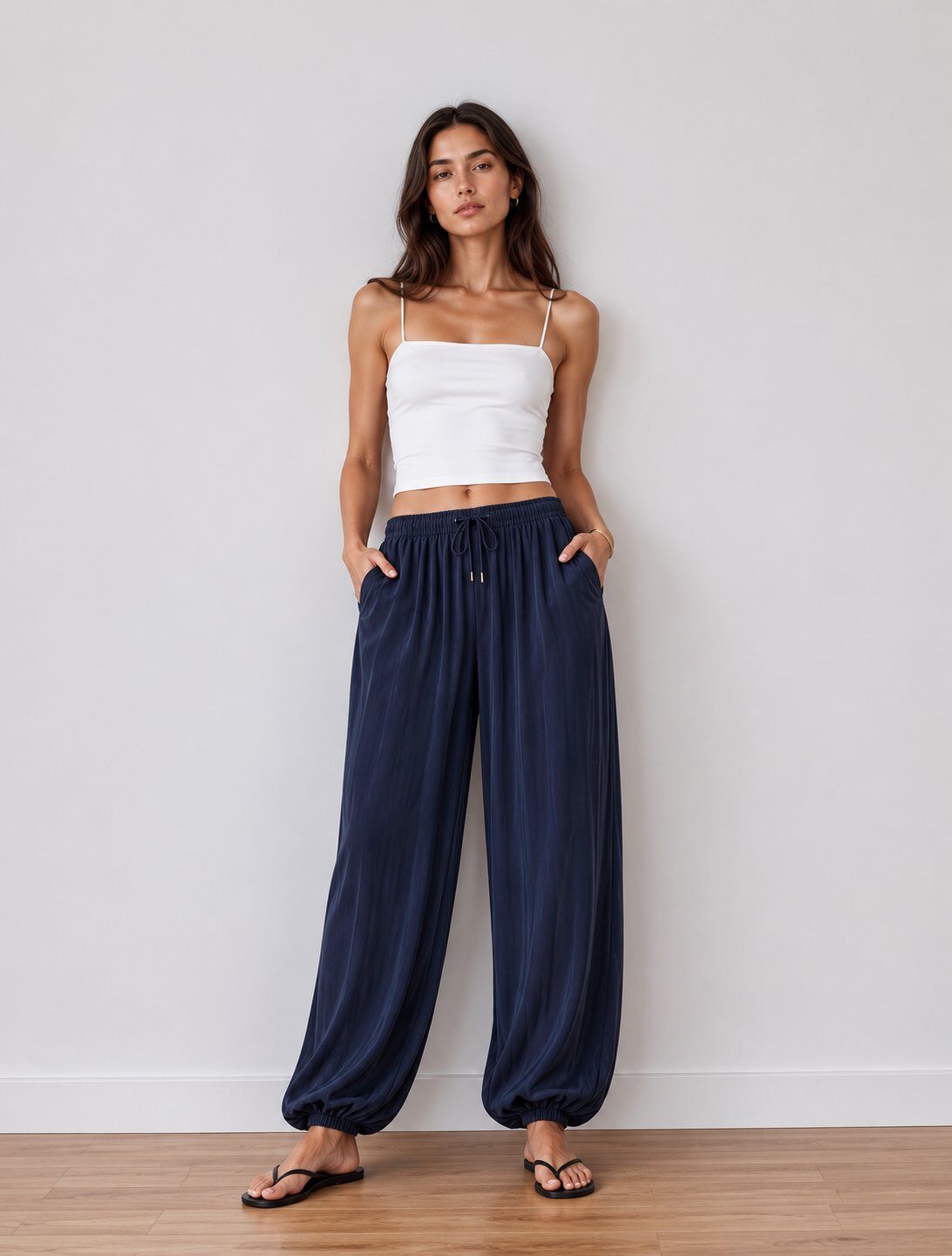 Wholesaler WAY WAY SRL - WIDE CUPRO-EFFECT TROUSERS WITH ELASTIC WAIST AND DRAWSTRING, GATHERED HEM