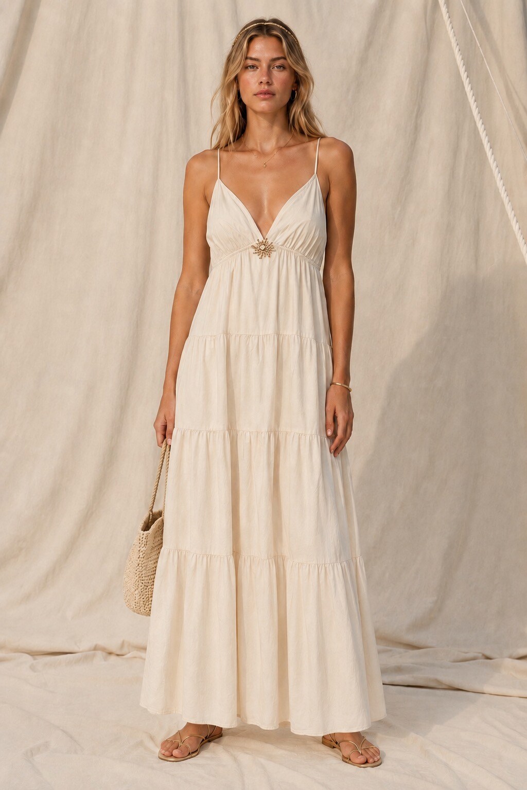 Großhändler WAY WAY SRL - Langes Stufenkleid mit dünnen Trägern und Schmuckdetail